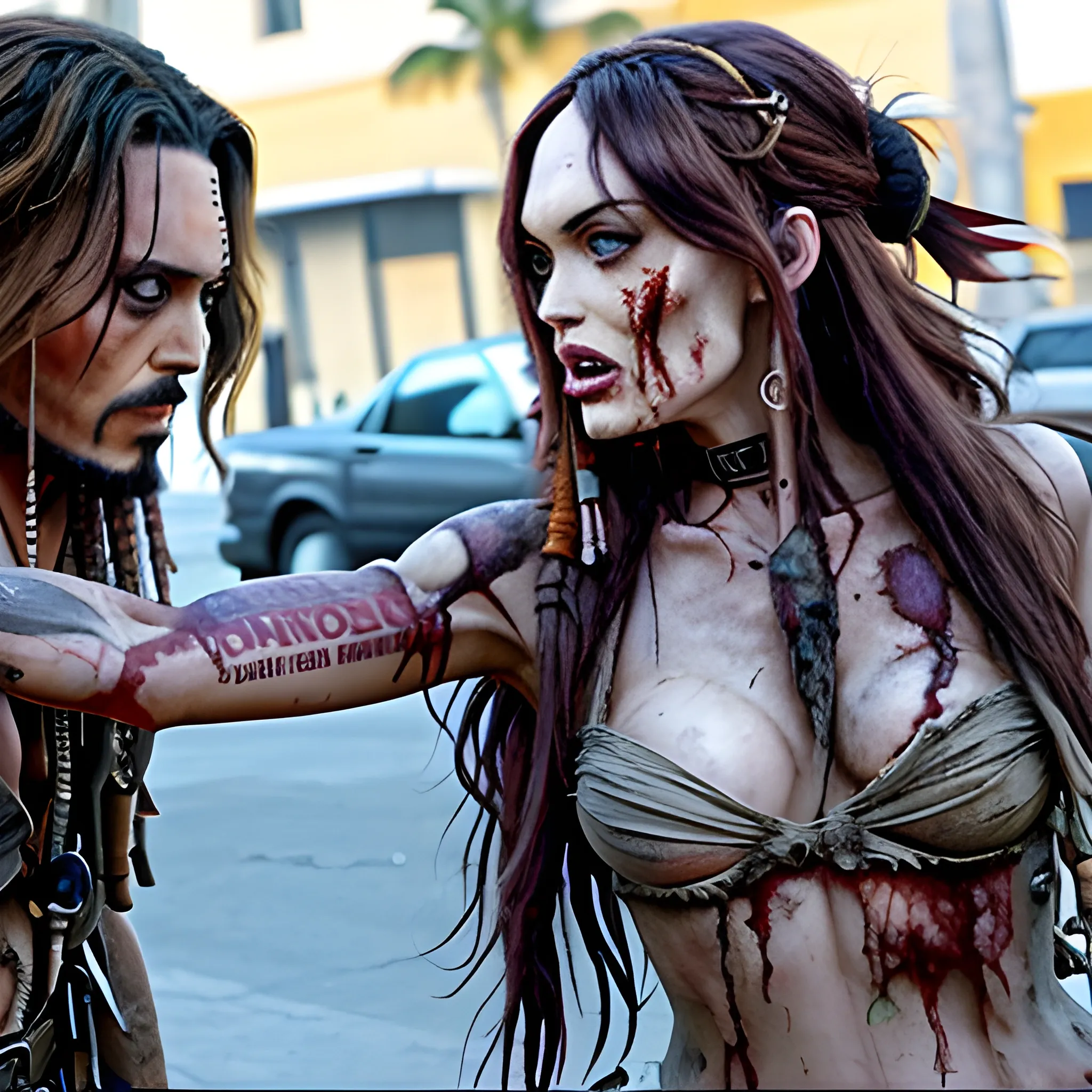 Megan Fox zombie atacando a Jack Sparrow a través de una mordedura en cuello a en la 5ta avenida. HD, Estilo Tim Burton