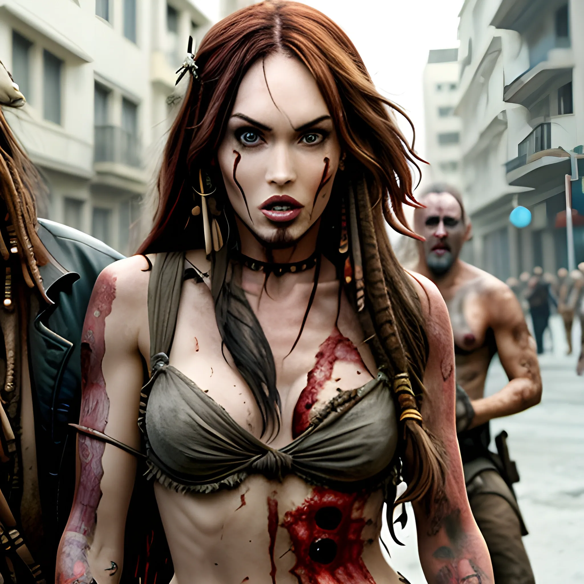 Megan Fox zombie atacando a Jack Sparrow a través de una mordedura en cuello a en la 5ta avenida. HD, Estilo Tim Burton