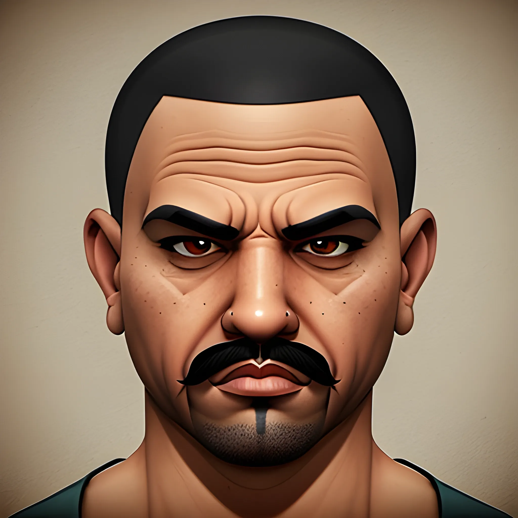 CHOLO WITHOUT HAIR ON HIS HEAD, MUSTACHE, CHICANO, 3D, FACE, AVATAR STYLE, GTA DRAWING STYLE, GTA ART STYLE