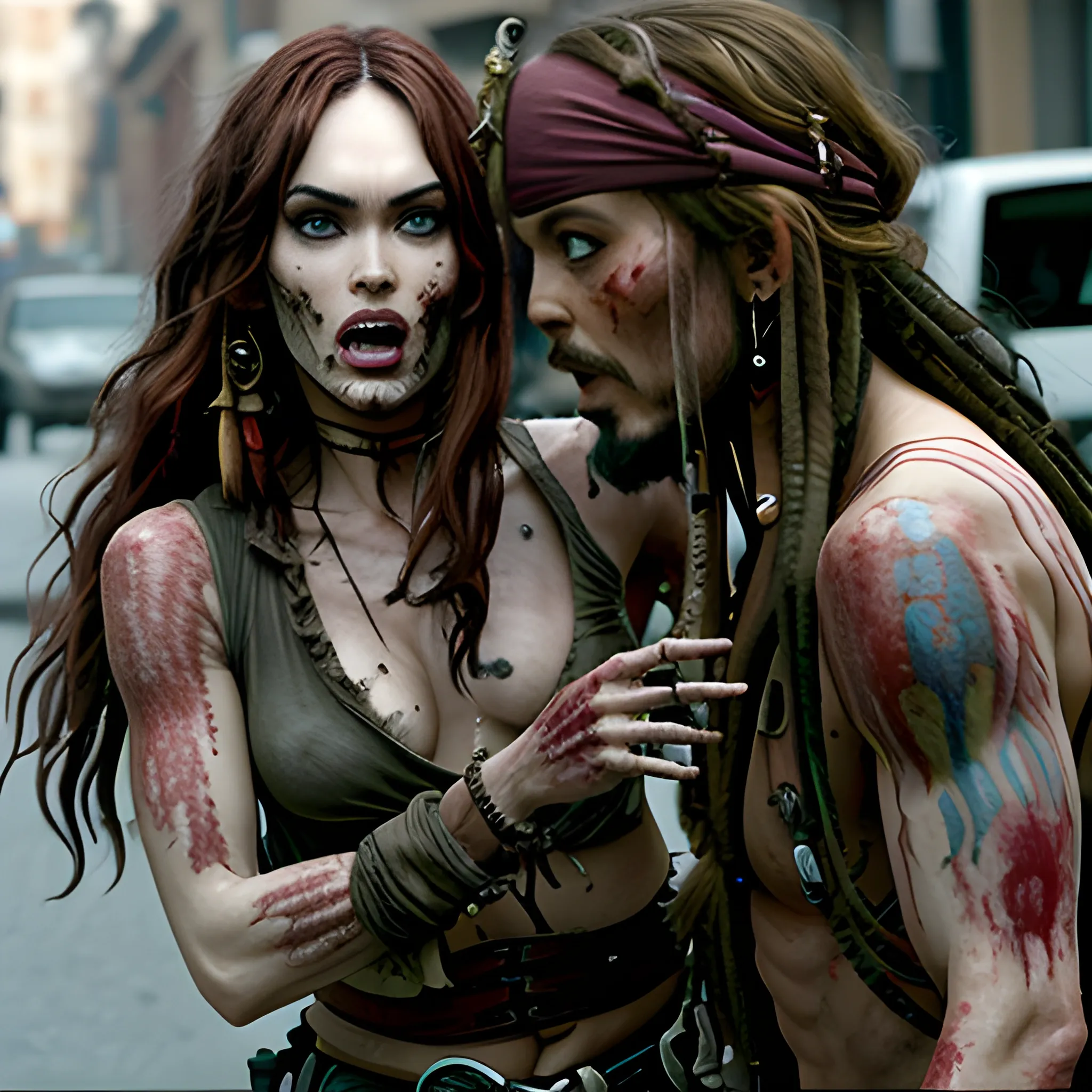 Megan Fox zombie atacando a Jack Sparrow a través de una mordedura en cuello a en la 5ta avenida. HD, Estilo Tim Burton