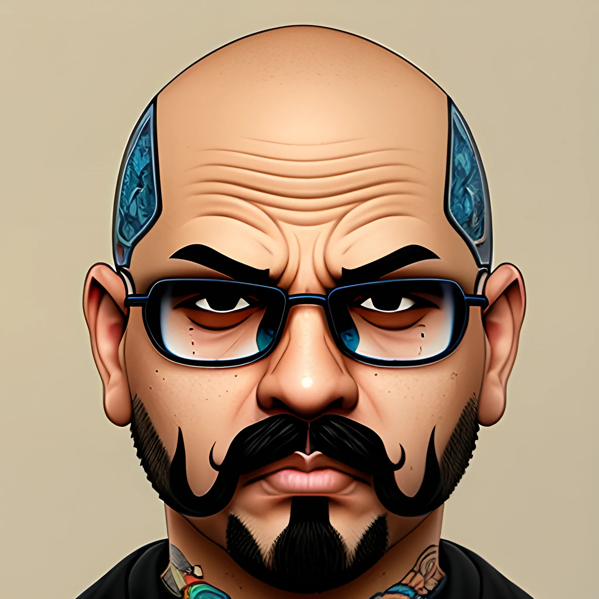 BALD CHOLO, MUSTACHE, CHICANO, 3D, FACE, AVATAR STYLE, GTA DRAWING STYLE, GTA ART STYLE, FRONT ON, WITHOUT GLASSES,