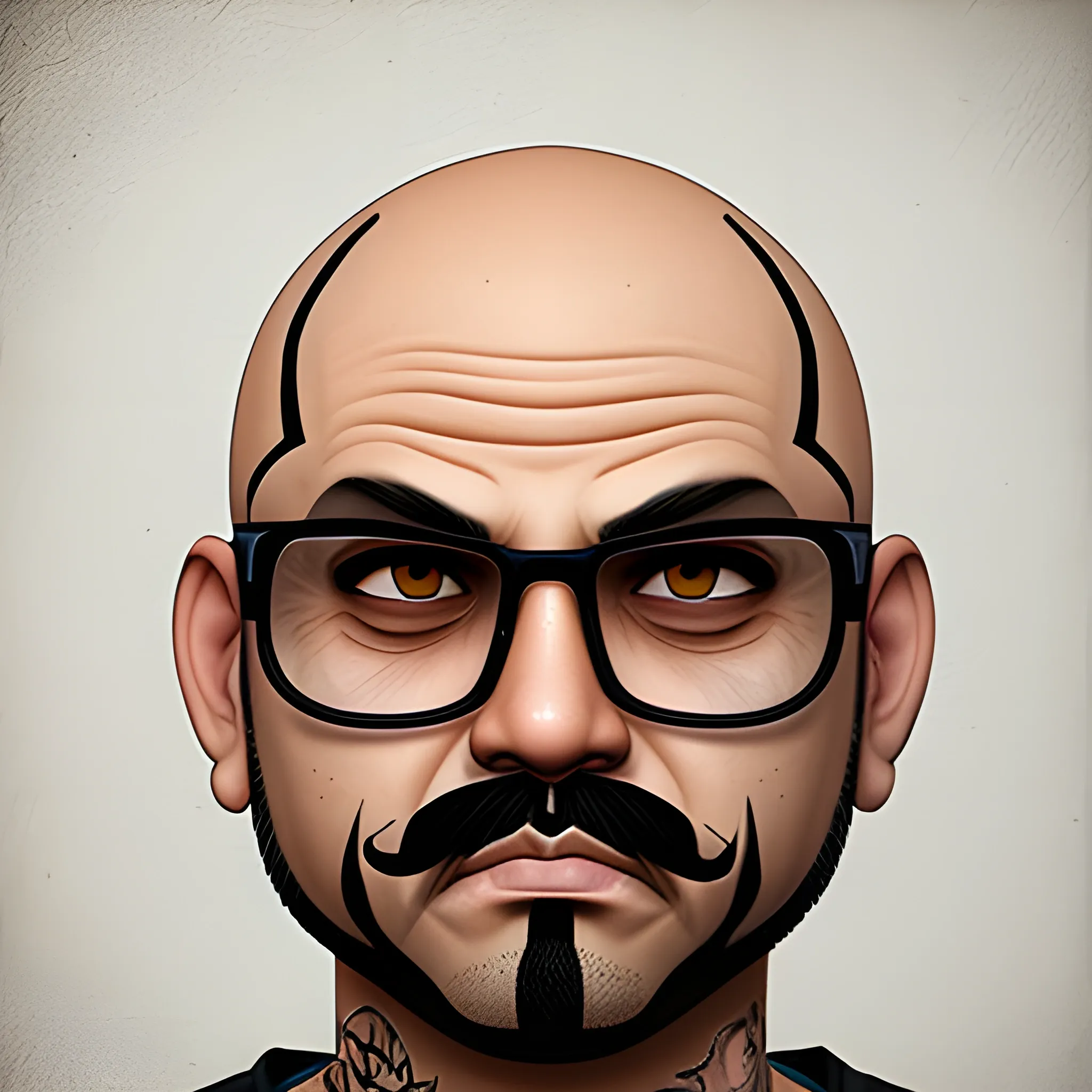 BALD CHOLO, MUSTACHE, CHICANO, 3D, FACE, AVATAR STYLE, GTA DRAWING STYLE, GTA ART STYLE, FRONT ON, OFF GLASSES, OFF TATTOS