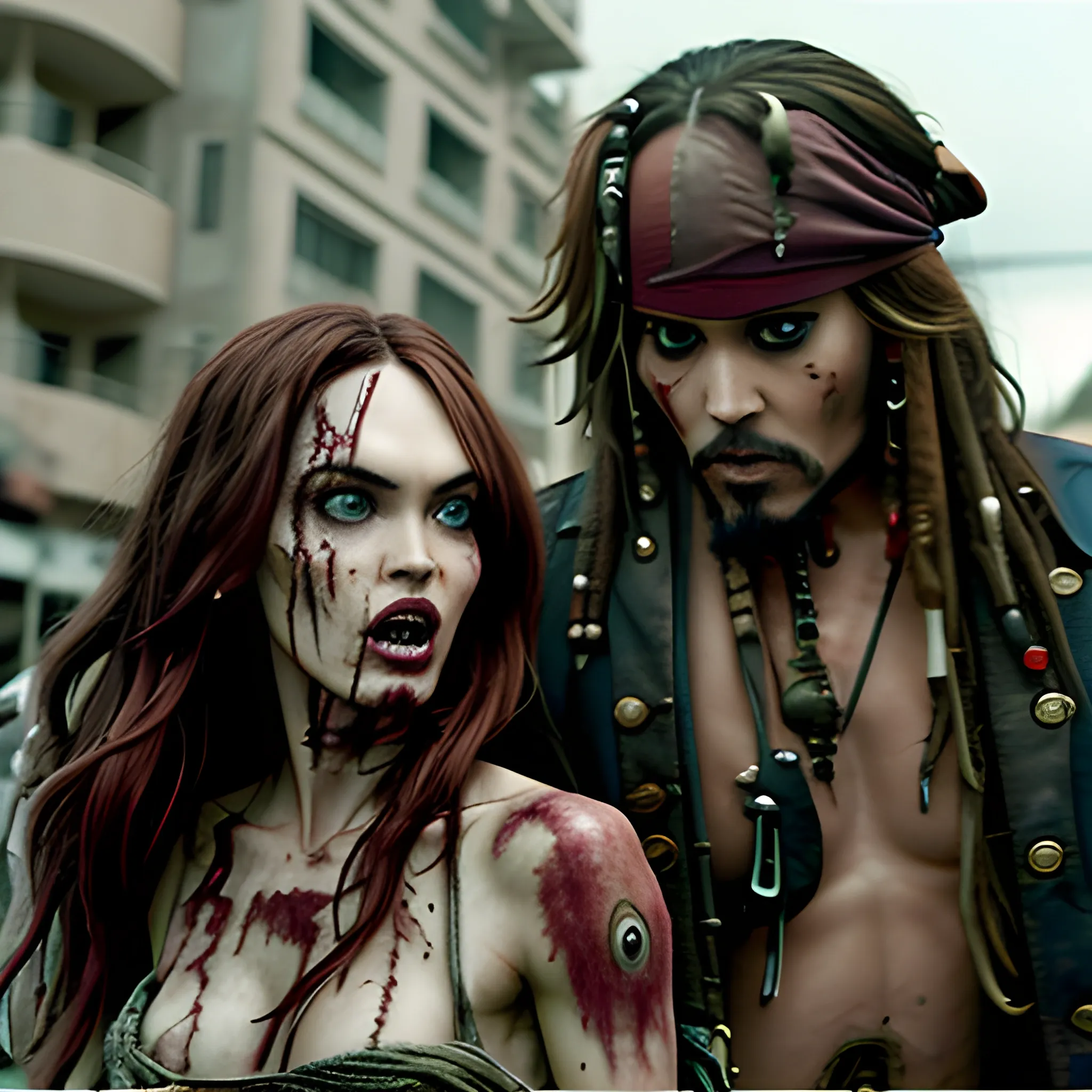 Megan Fox zombie atacando a Jack Sparrow a través de una mordedura en cuello a en la 5ta avenida. HD, Estilo Tim Burton