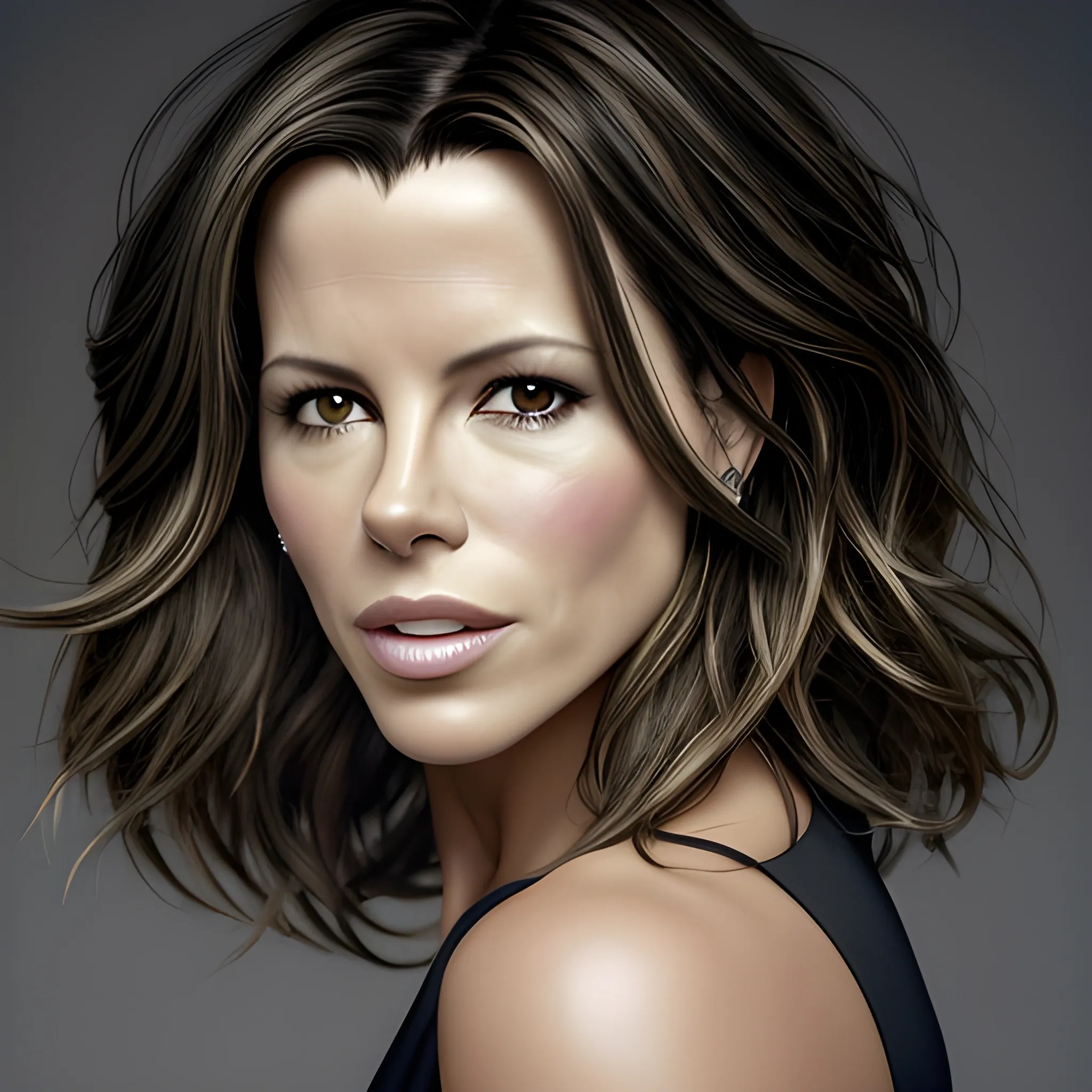 Foto retrato de Kate Beckinsale con pelo lacio negro. Muchos detalles. Risa feliz, Alta definición. iluminaciòn dorada. Foto realismo. Estilo José Luis Raota.