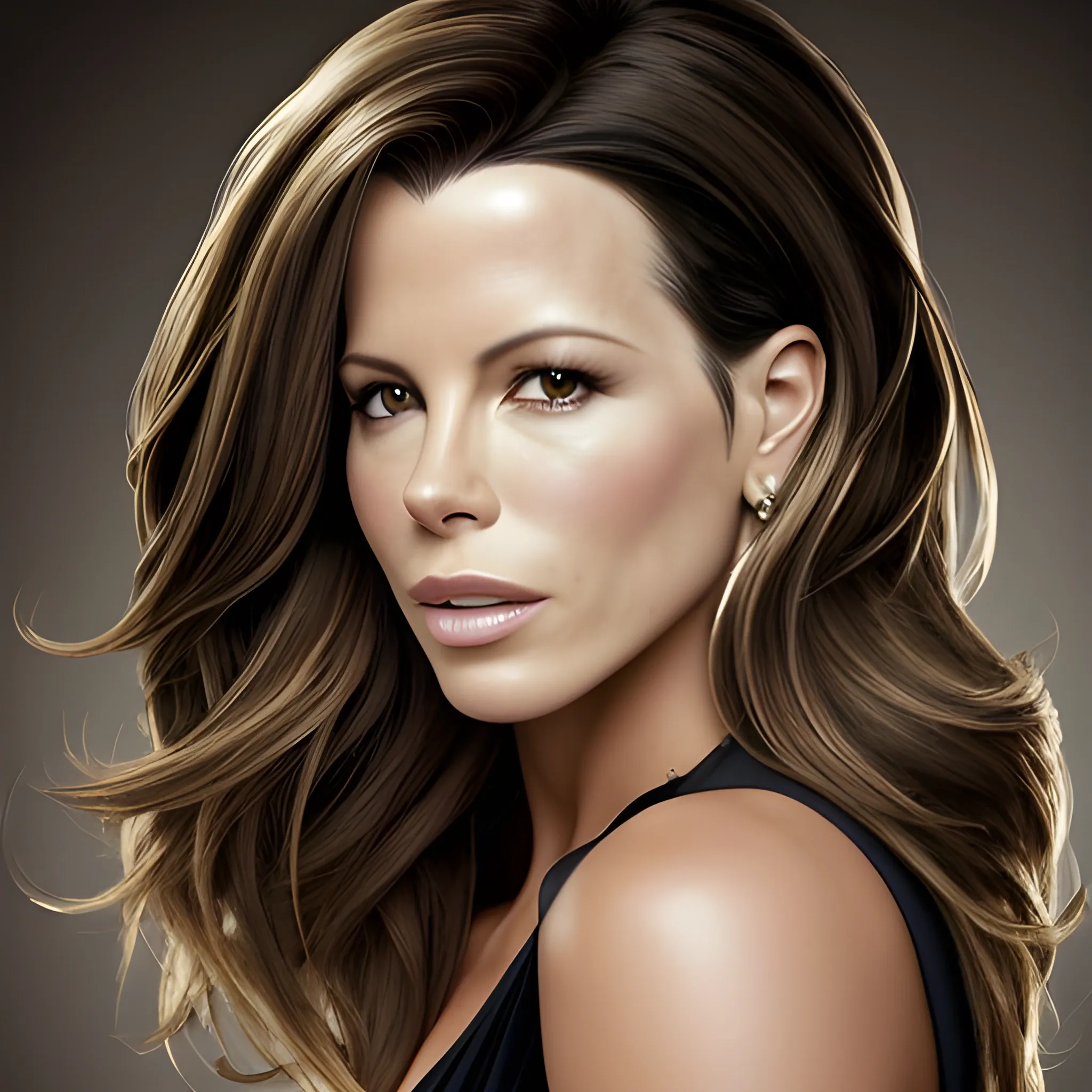 Foto retrato de Kate Beckinsale con pelo liso negro. Muchos detalles. Risa feliz, Alta definición. iluminaciòn dorada. Foto realismo. Estilo inca.