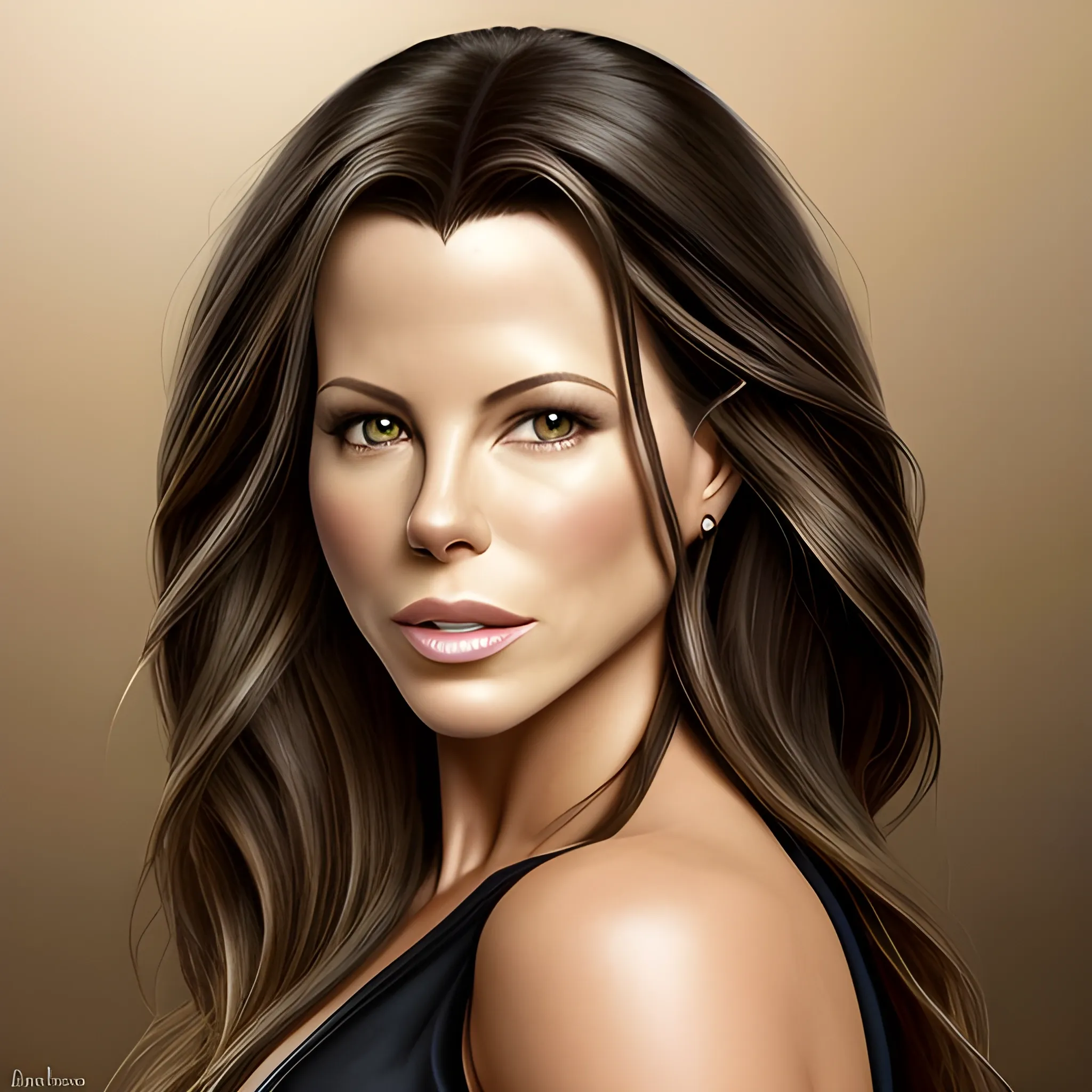 Foto retrato de morphing entre Kate Beckinsale y Pocahontas con pelo liso negro. Muchos detalles. Risa feliz, Alta definición. iluminaciòn dorada. Foto realismo.