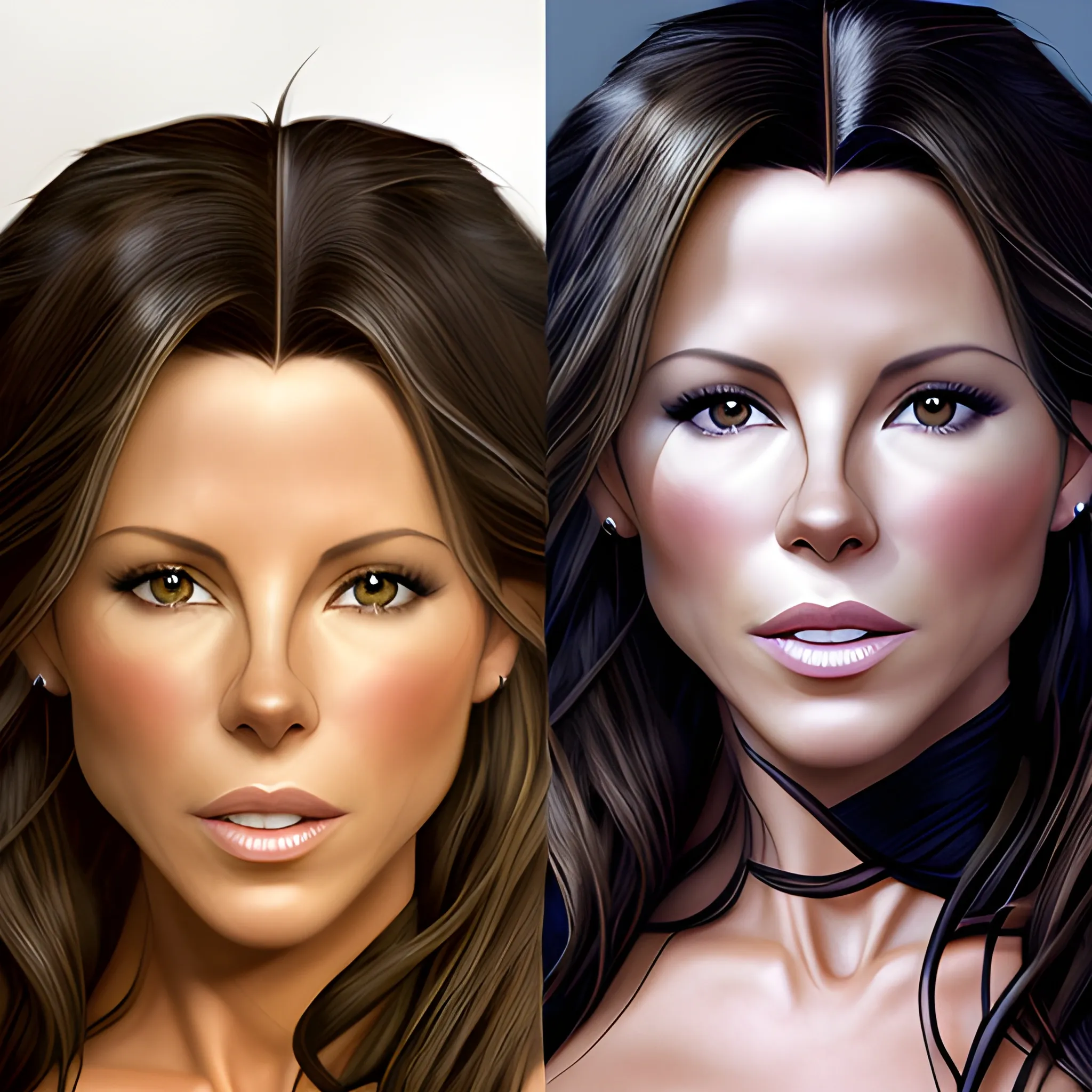 Foto retrato de morphing entre Kate Beckinsale y Pocahontas con pelo liso negro. Muchos detalles. Risa feliz, Alta definición. iluminaciòn dorada. Foto realismo.