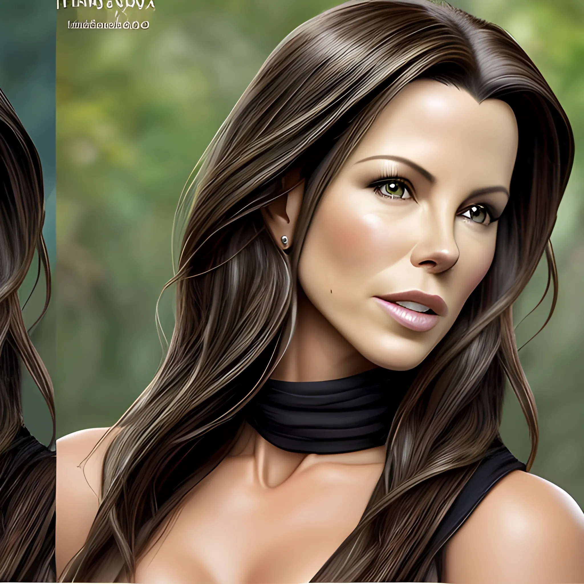 Foto retrato de morphing entre Kate Beckinsale y Pocahontas con pelo liso negro. Muchos detalles. Risa feliz, Alta definición. Foto realismo.