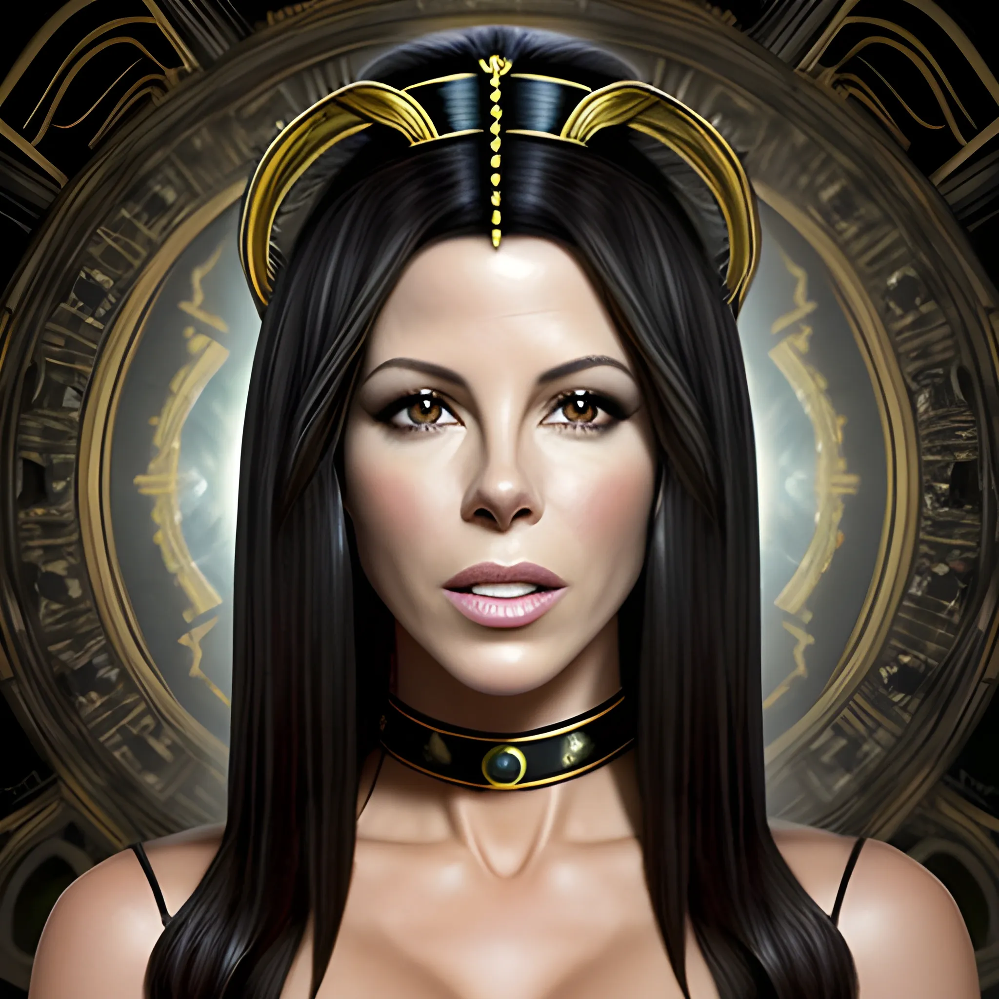 Foto retrato de morphing entre Kate Beckinsale y Cleopatra con pelo liso negro. Muchos detalles. Risa feliz, Alta definición. Foto realismo.