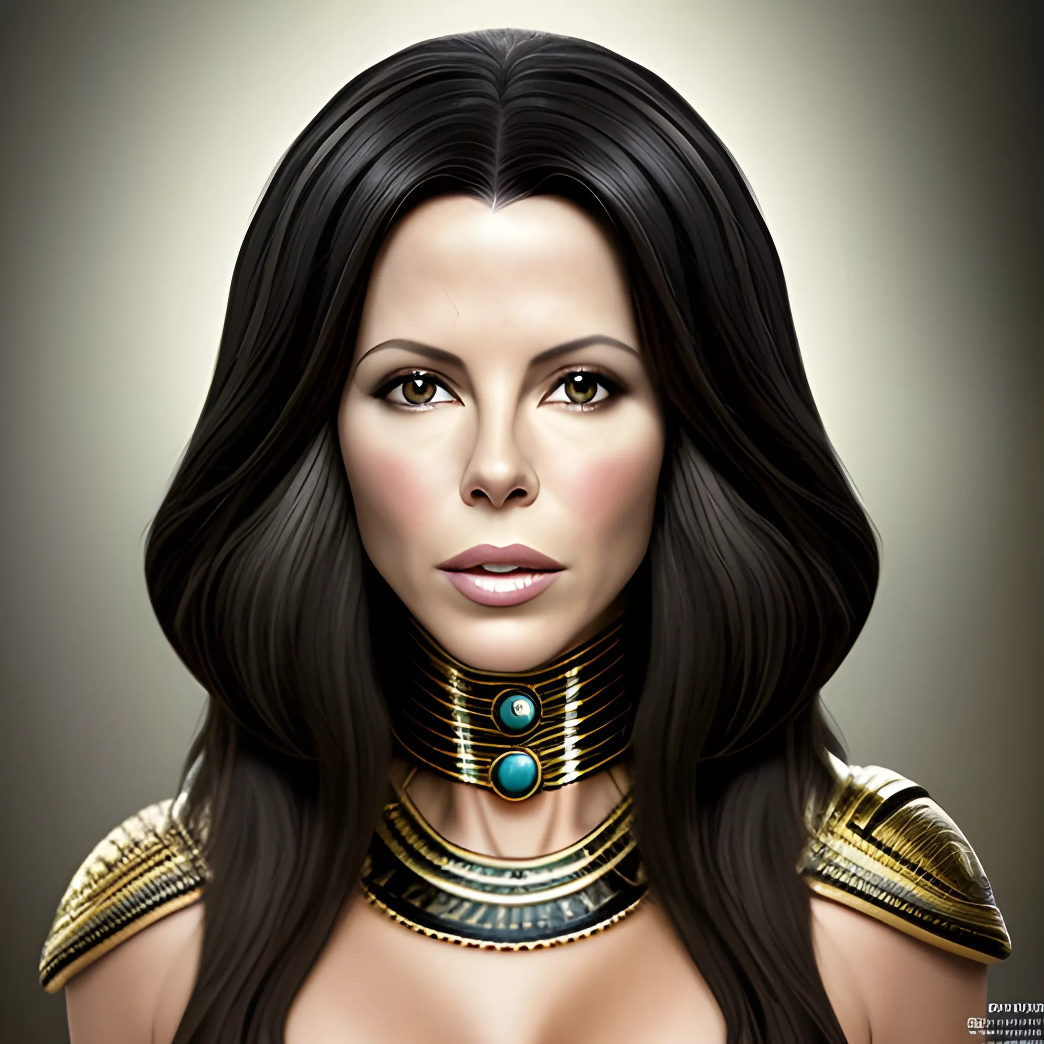 Foto retrato de morphing entre Kate Beckinsale y Cleopatra con pelo liso negro. Piel morena. Muchos detalles. Risa feliz, Alta definición. Foto realismo.