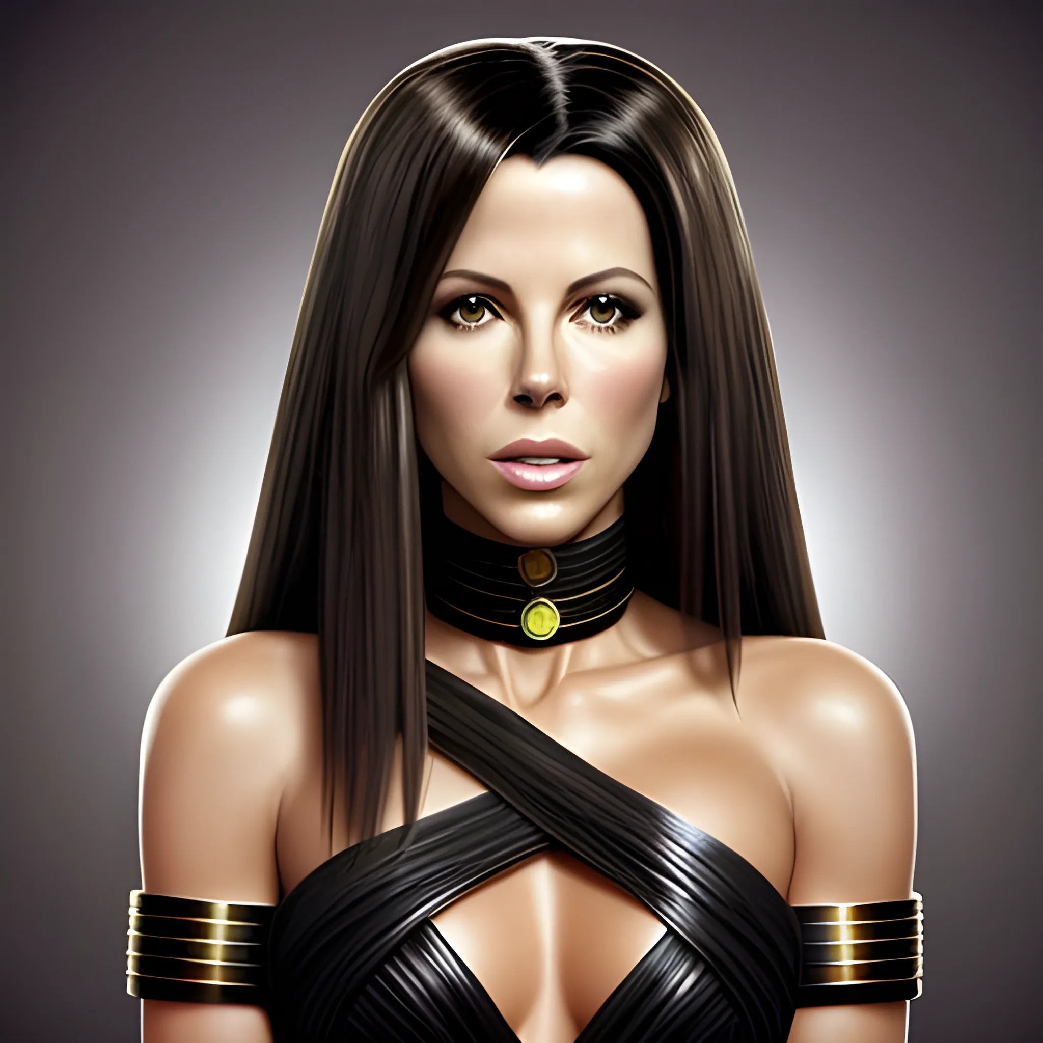 Foto retrato de morphing entre Kate Beckinsale y Cleopatra con pelo liso negro. Piel morena. Muchos detalles. Risa feliz, Alta definición. Foto realismo.