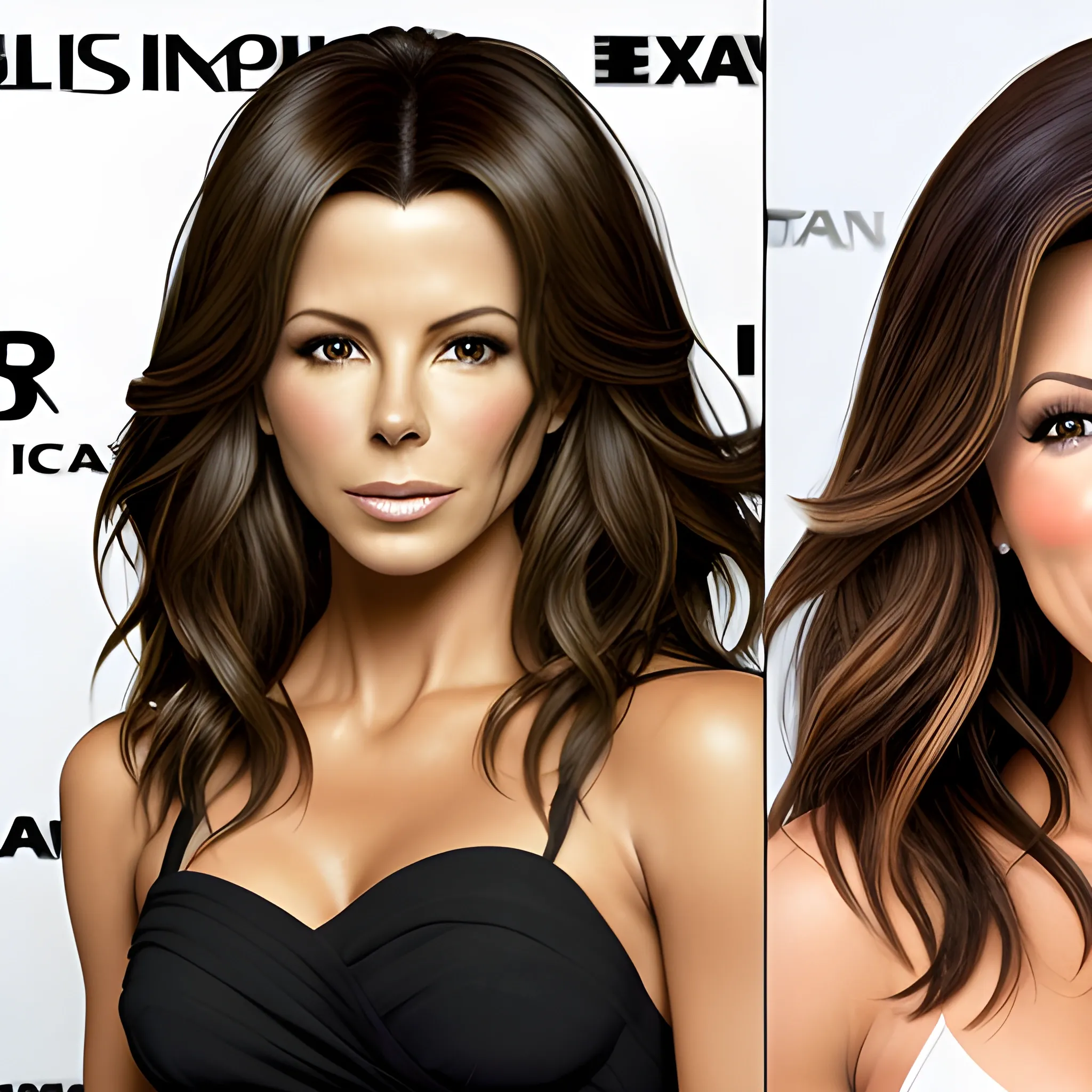 Foto retrato de morphing entre Kate Beckinsale y Eva Longoria con pelo liso negro. Piel morena. Muchos detalles. Risa feliz, Alta definición. Foto realismo.