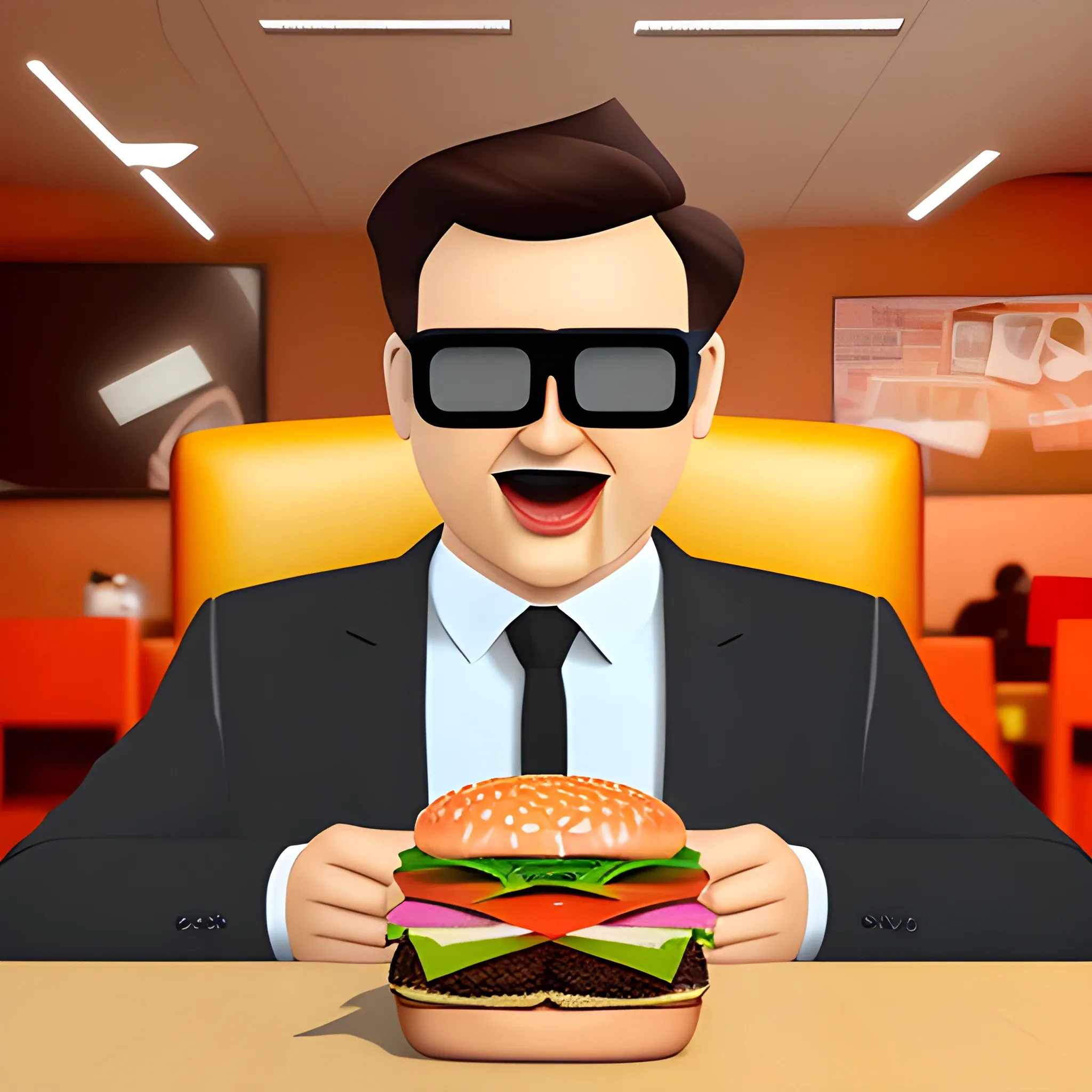 , 3D, office CEO playing first personal shuter while is eating a burger
