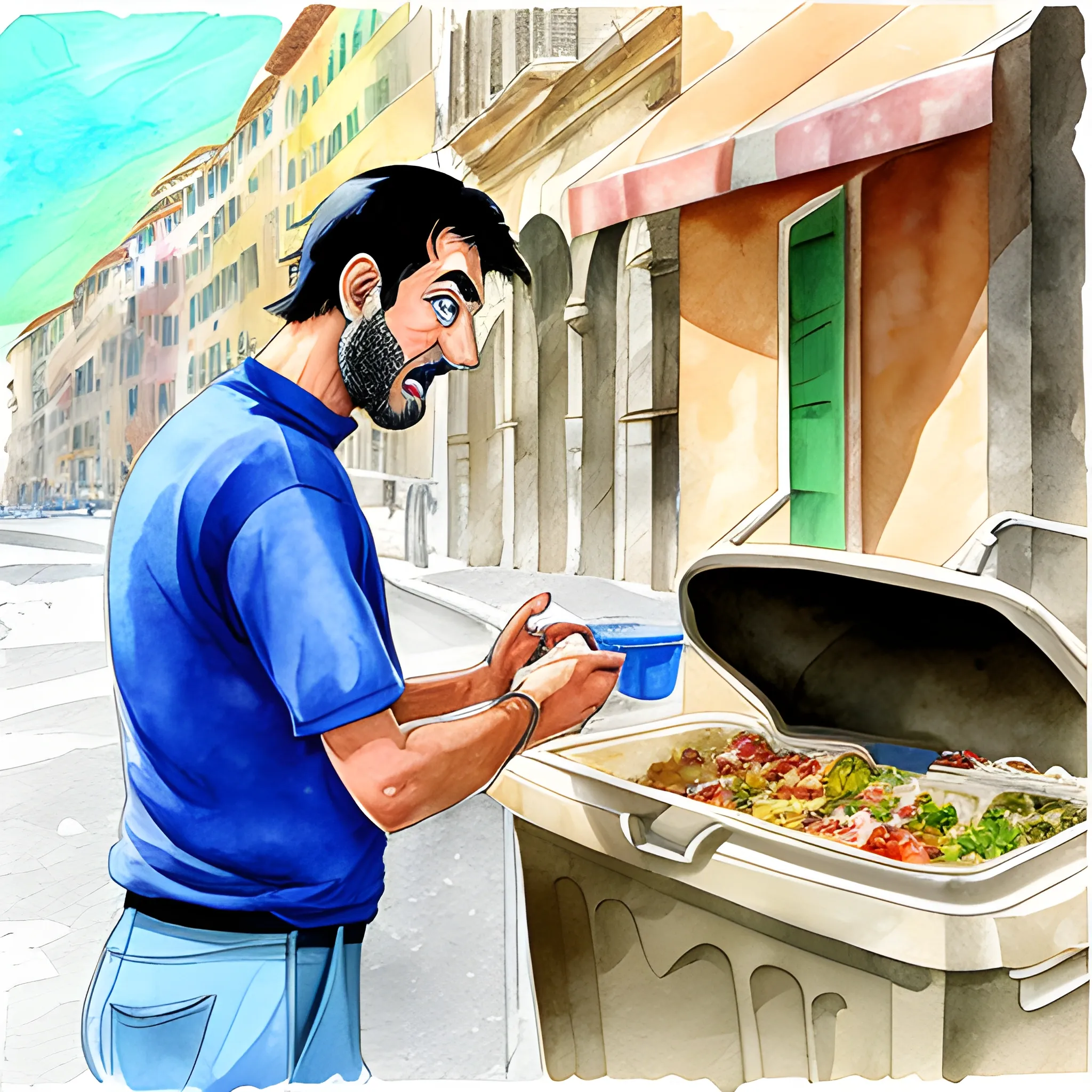 italian guy eating garbage
, Cartoon, Water Color