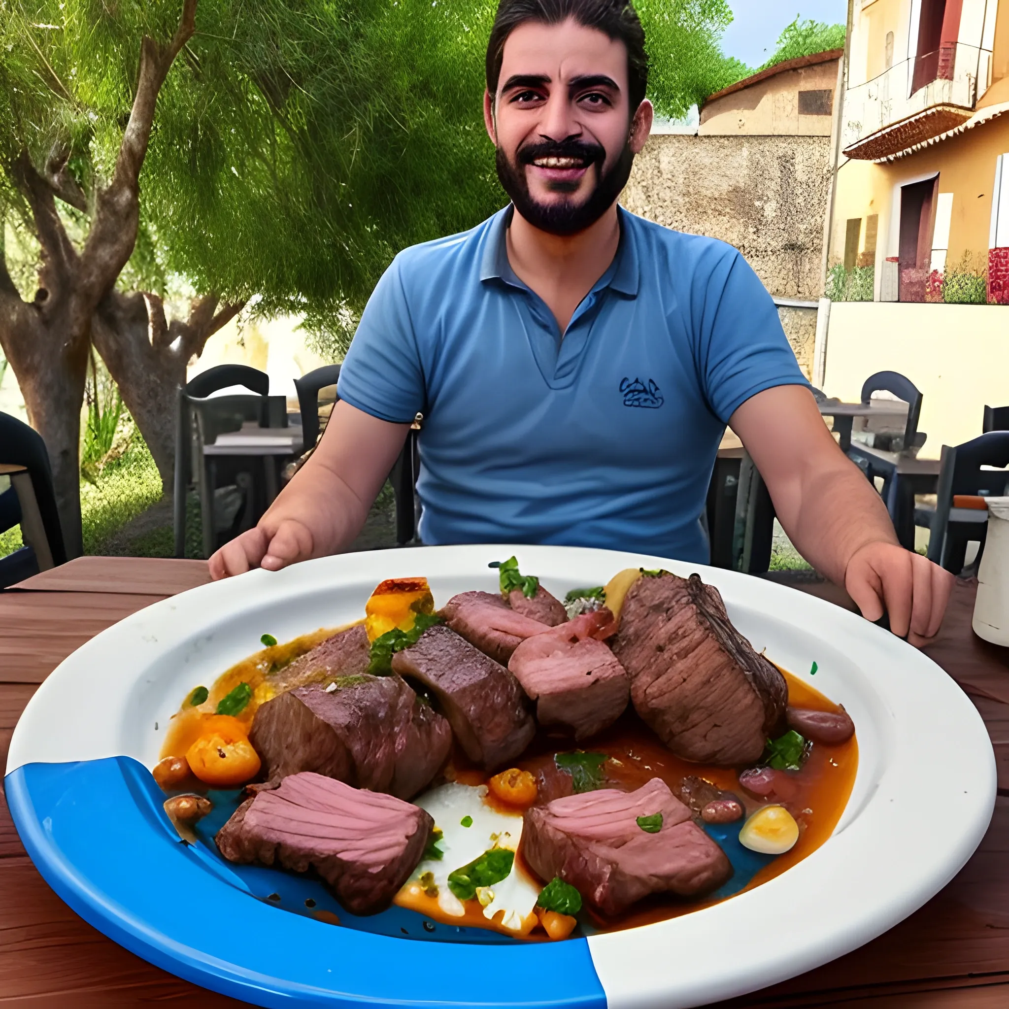 hacer una historieta de un italiano comiendo basura, luego come asado argentino y es feliz
