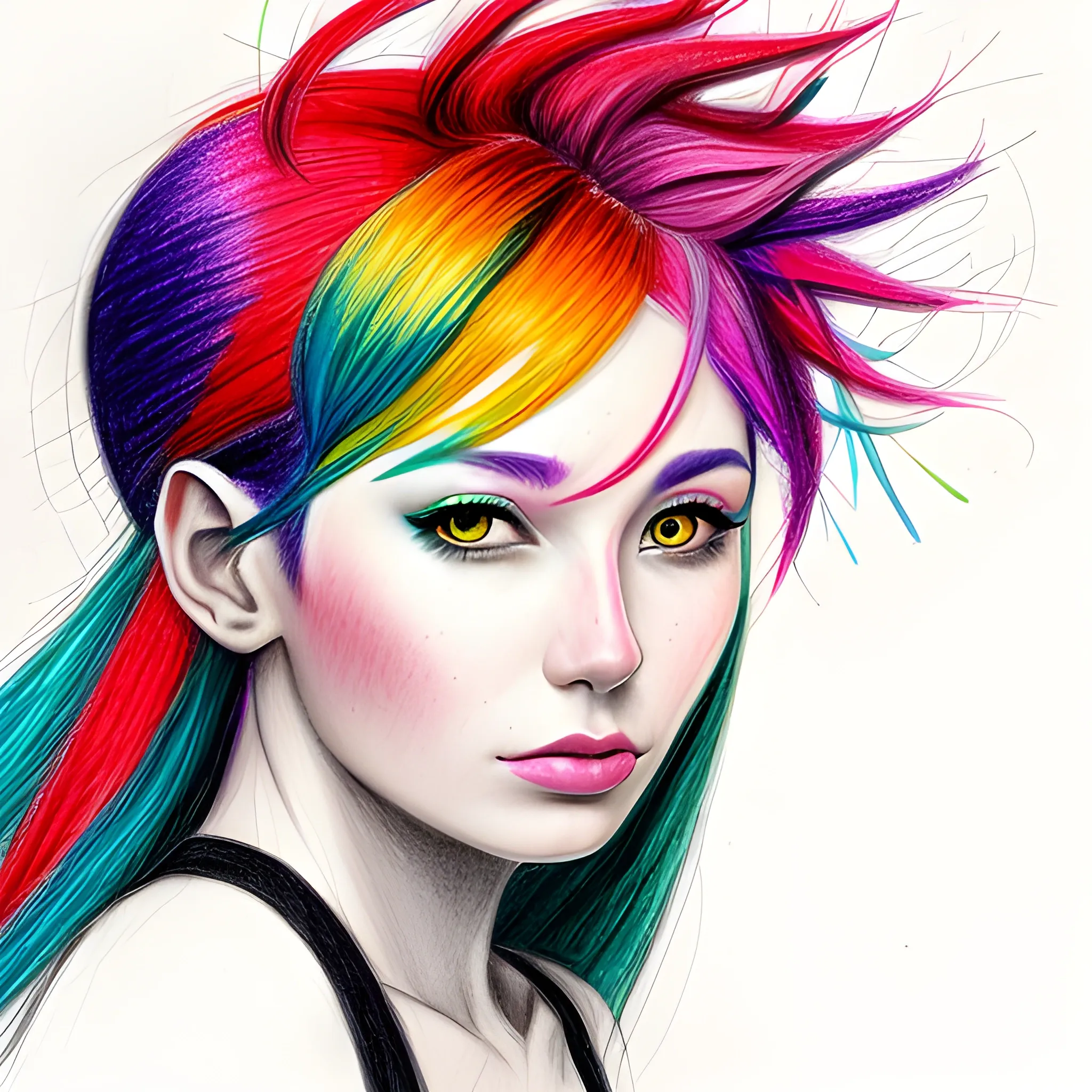 the woman is wearing multicolored hair, vibrant color scheme, Pe ...