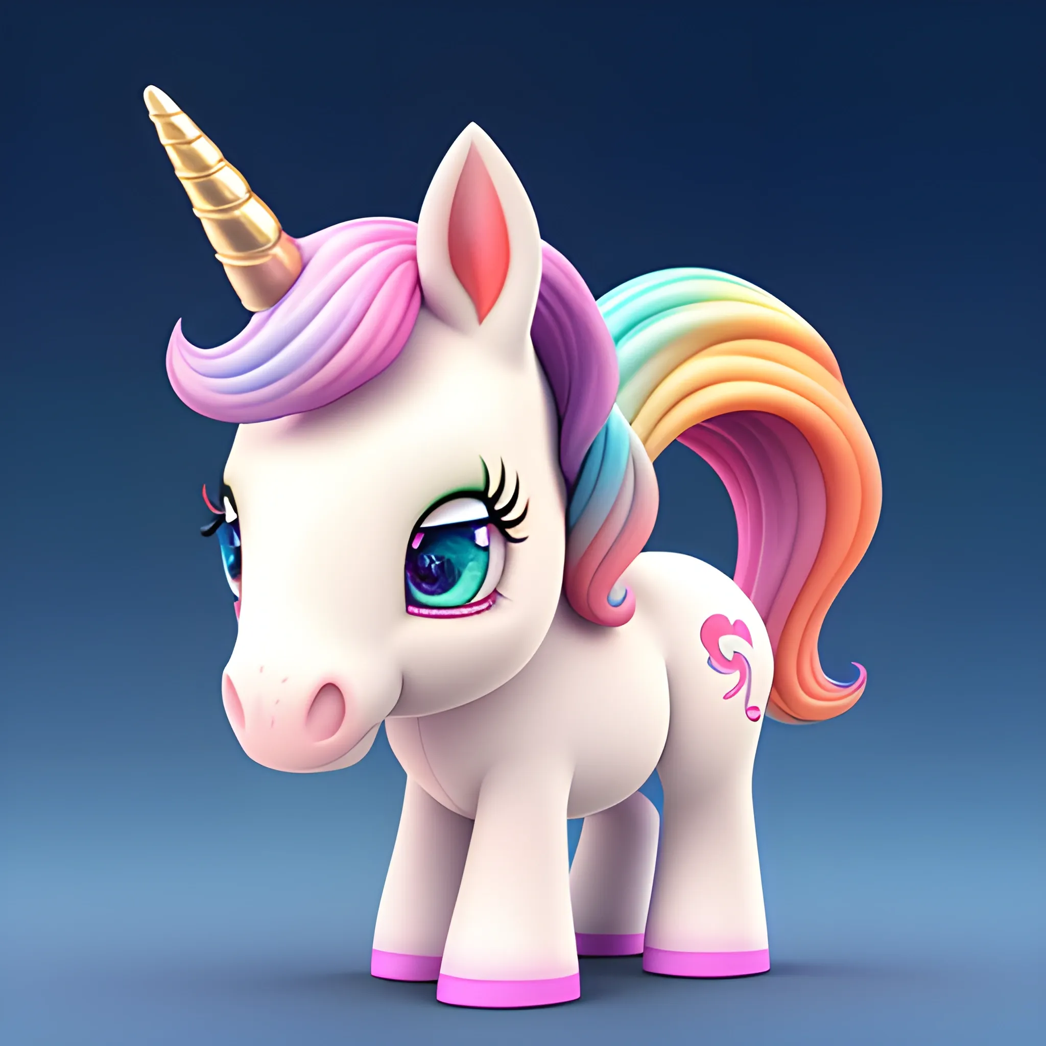 Super Adorable small unicorn, rendered by pixar cartoon, sweet smile, character full body, so cute, excited, bright eyes, big and colorful eyes, slim body big head, shiny and fluffy, fairytale, energetic, playful, 3D, incredibly high detail, 16k, octane rendering, gorgeous, ultra-wide angle, colorful gradient background,