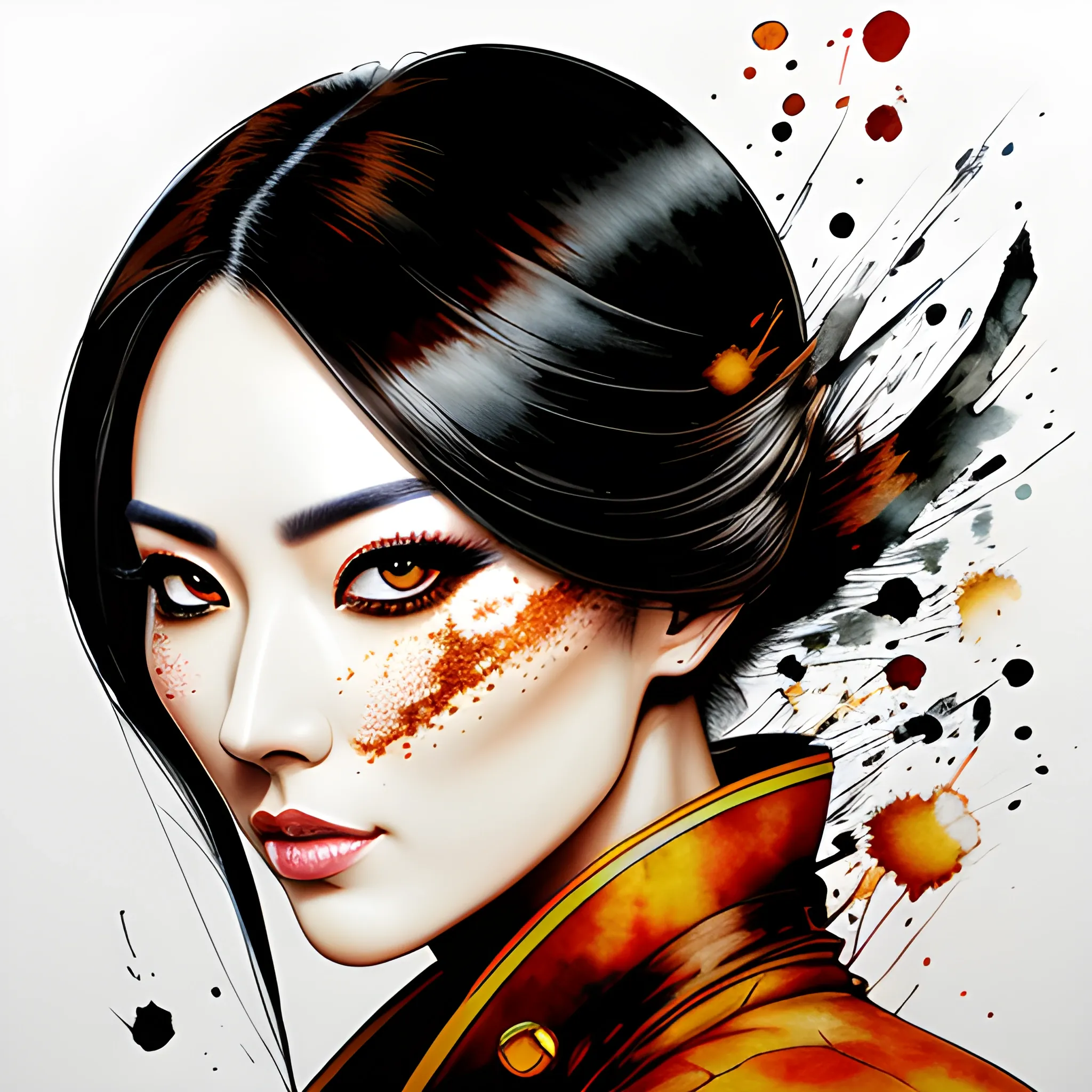 face portrait of MeiyuCipher brown haired girl,Like Chinese actress Jia Ling,A relatively large face and eyes, orange spike aura in motion, damaged chinese clothes, floating pieces, trending on artstation, sharp focus, intricate details, highly detailed, detailed face (ink and watercolor painting, brushstrokes, by Russ Mills and Yoji Shinkawa) best quality, absurdres, (negative space) , <lora:GlowingRunesAIV3:0.5>, Water Color, Water Color