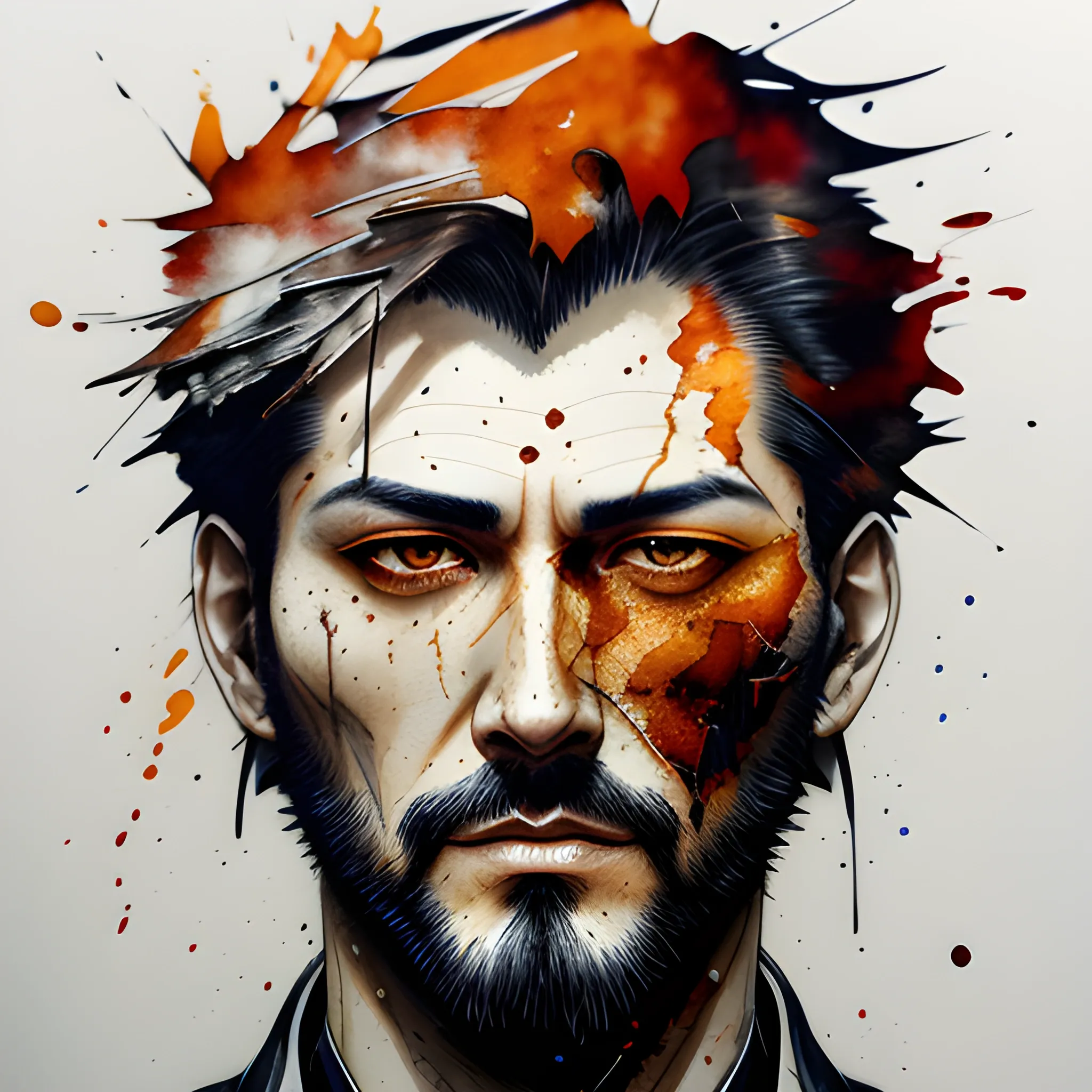 face portrait of MeiyuCipher brown haired boy ,A relatively large face and eyes, orange spike aura in motion, damaged chinese clothes, floating pieces, trending on artstation, sharp focus, intricate details, highly detailed, detailed face (ink and watercolor painting, brushstrokes, by Russ Mills and Yoji Shinkawa) best quality, absurdres, (negative space) , <lora:GlowingRunesAIV3:0.5>, Water Color, Water Color