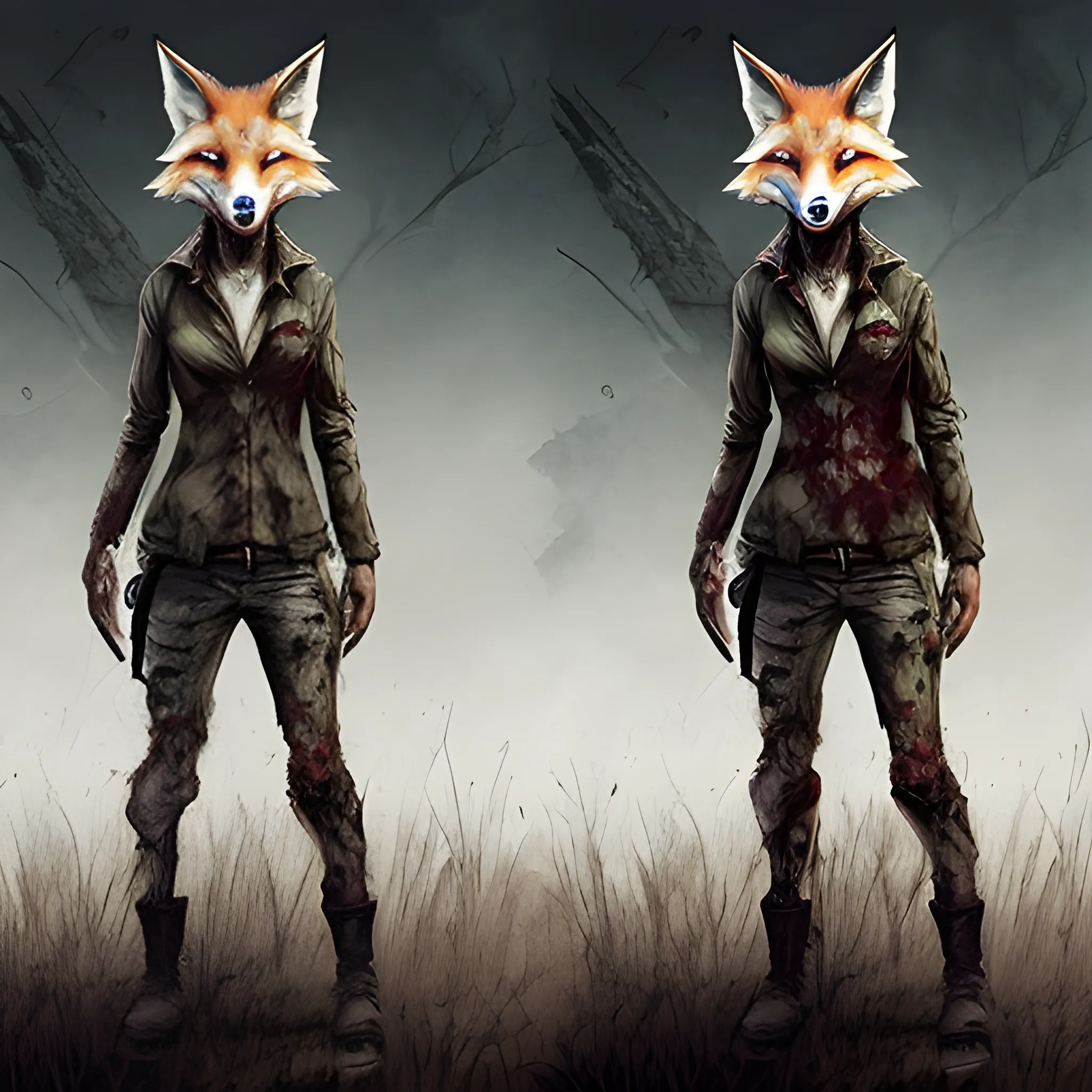 andromorphic fox in the future wearing zombie apocalypse cloths   