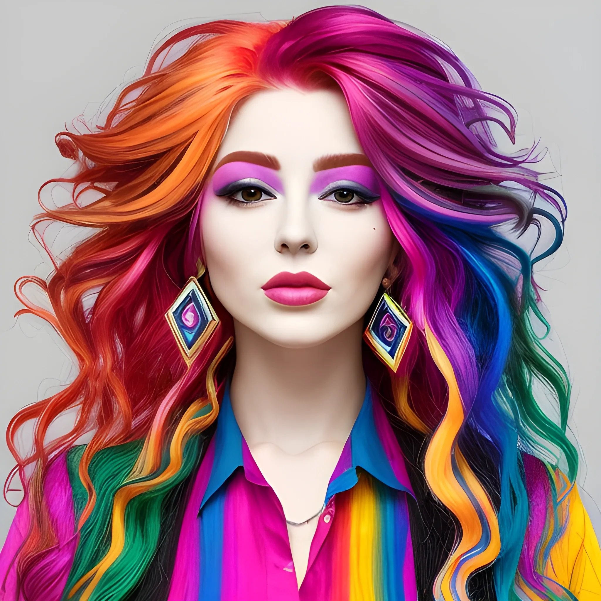 the woman is wearing multicolored hair, vibrant color scheme