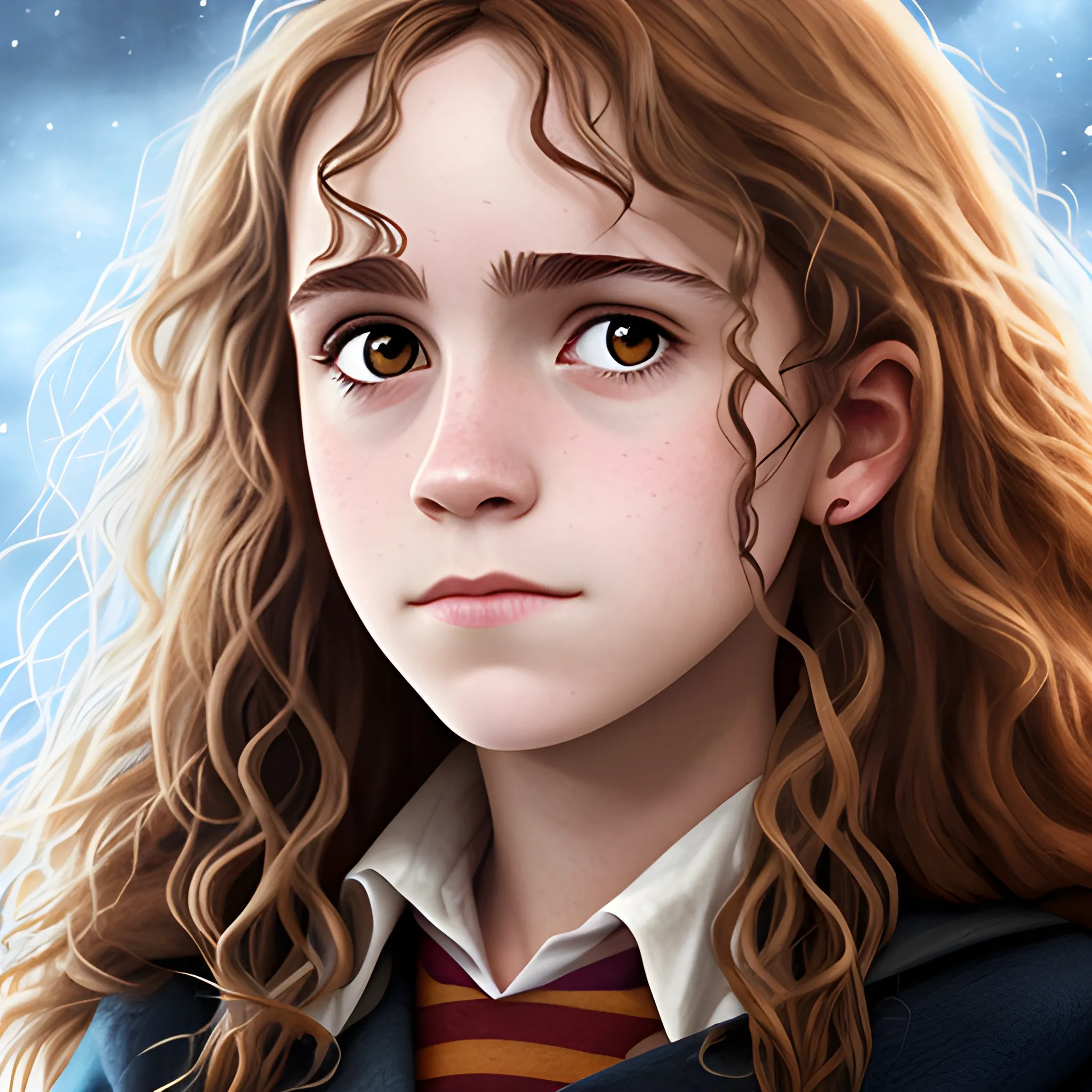 Hermione Granger，close up, Trippy, Cartoon, 3D, Pencil Sketch, Water Color, Oil Painting