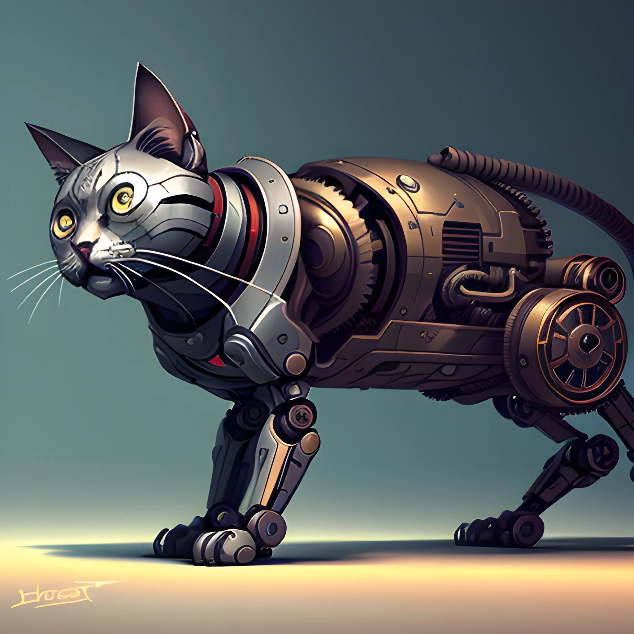 a mechanical robotic cat, dishonored, concept art, intricate, detailed, dramatic, artstation, colorful