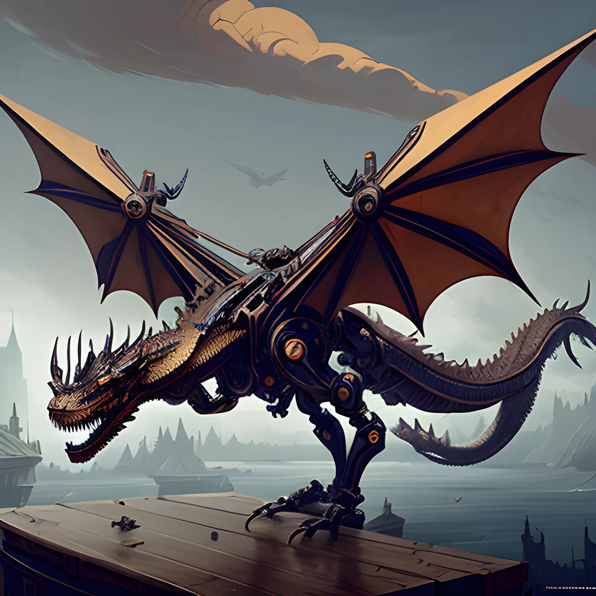 A Mechanical Robotic Dragon Flying By Viktor Antonov, Dishonored