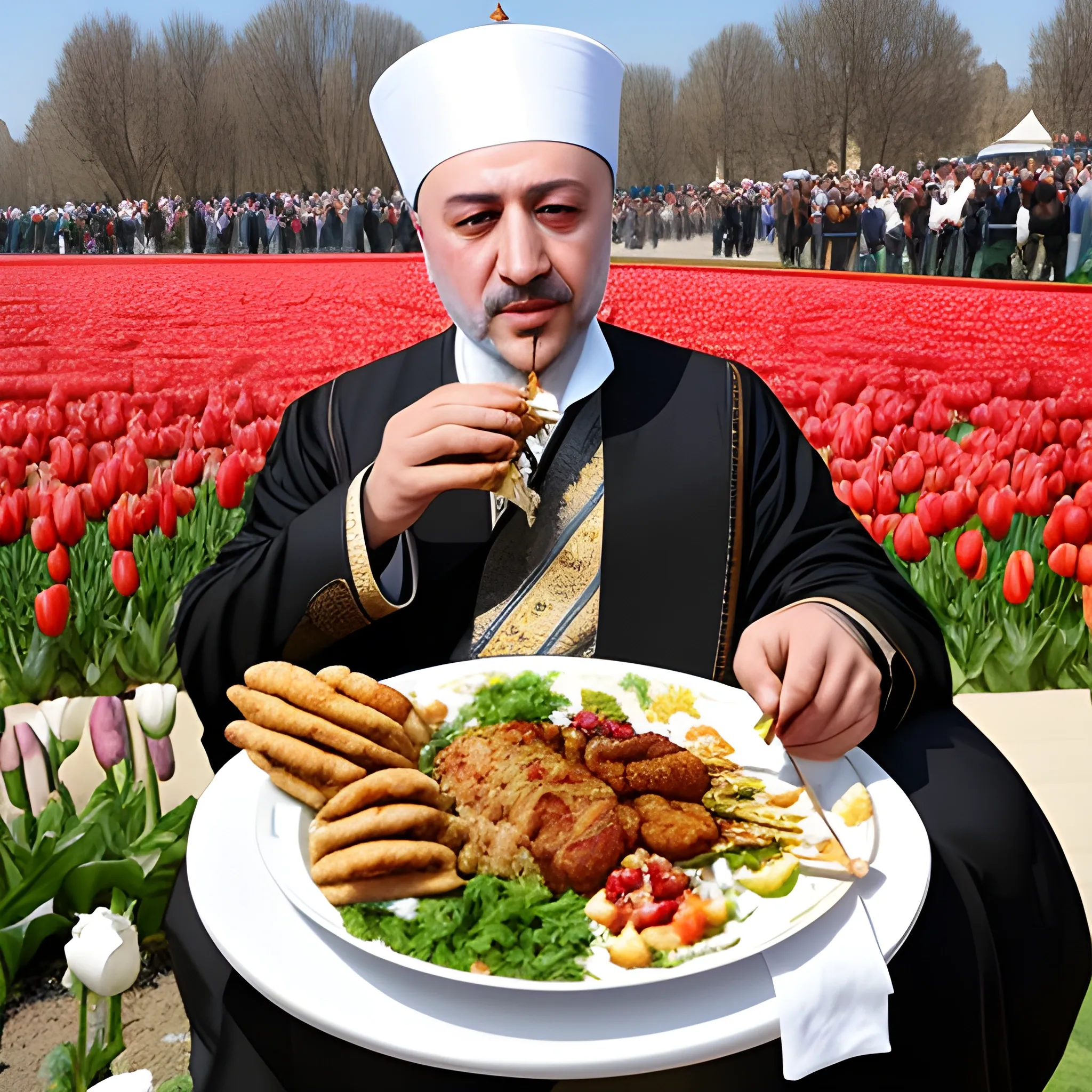 an ottoman sultan eating a kebab in the middle of the tulip area
