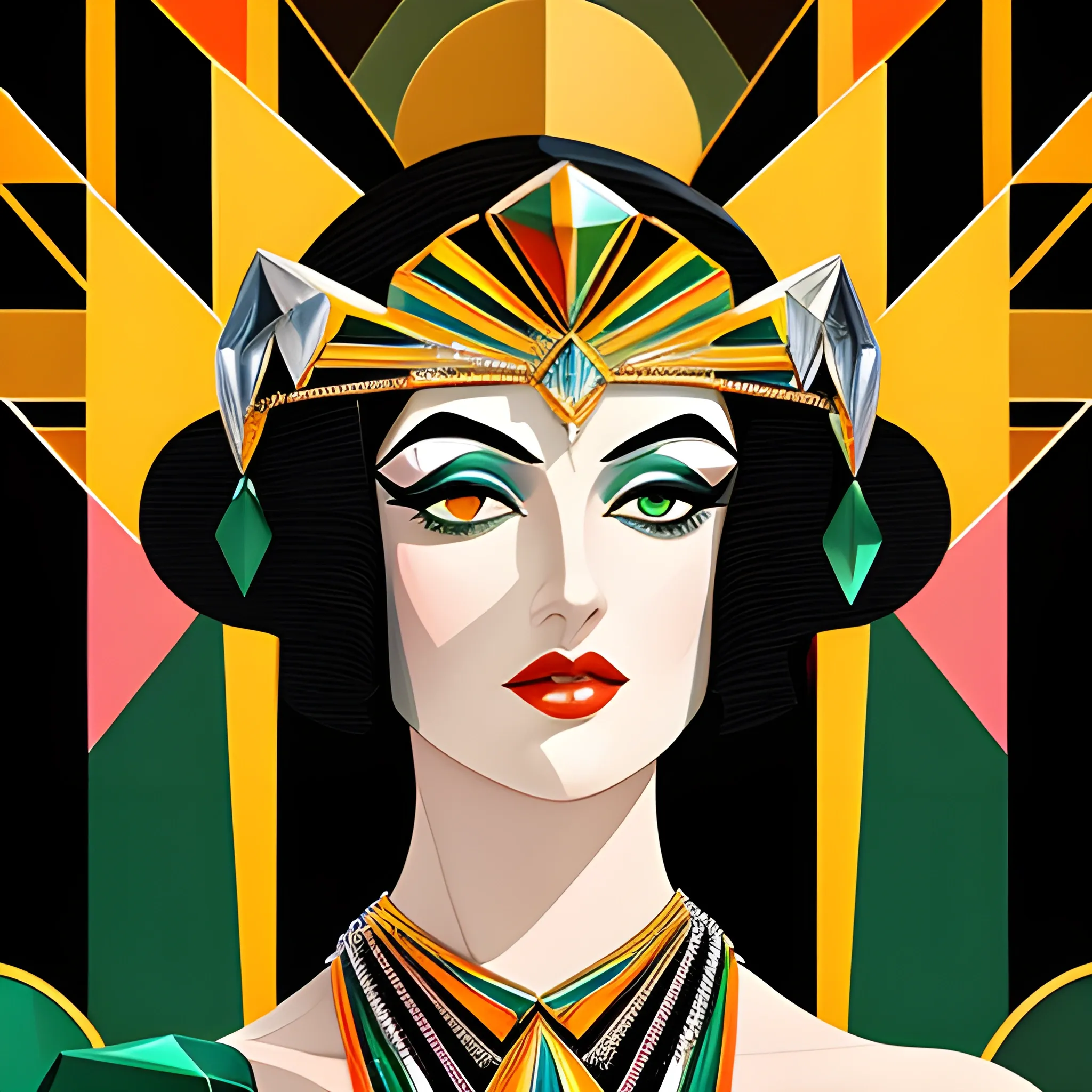 art deco:abstract Against a backdrop of bold geometric shapes and vibrant colors, a statuesque woman in an ((exquisitely tailored, art deco gown)) strikes a pose of graceful elegance. Her ((jet-black hair)) is perfectly styled, accentuating her ((almond-shaped, deep emerald eyes)). The ((close-up shot)) highlights her flawless complexion and the intricate details of her ((bejeweled headpiece)). As the light refracts through a series of ((prism-like objects)) surrounding her, it creates a dazzling display of color and movement. The image combines the opulence of the art deco era with abstract elements, resulting in a visually stunning and captivating composition.(high quality), (8k), (detailed), (masterpiece), nsfw