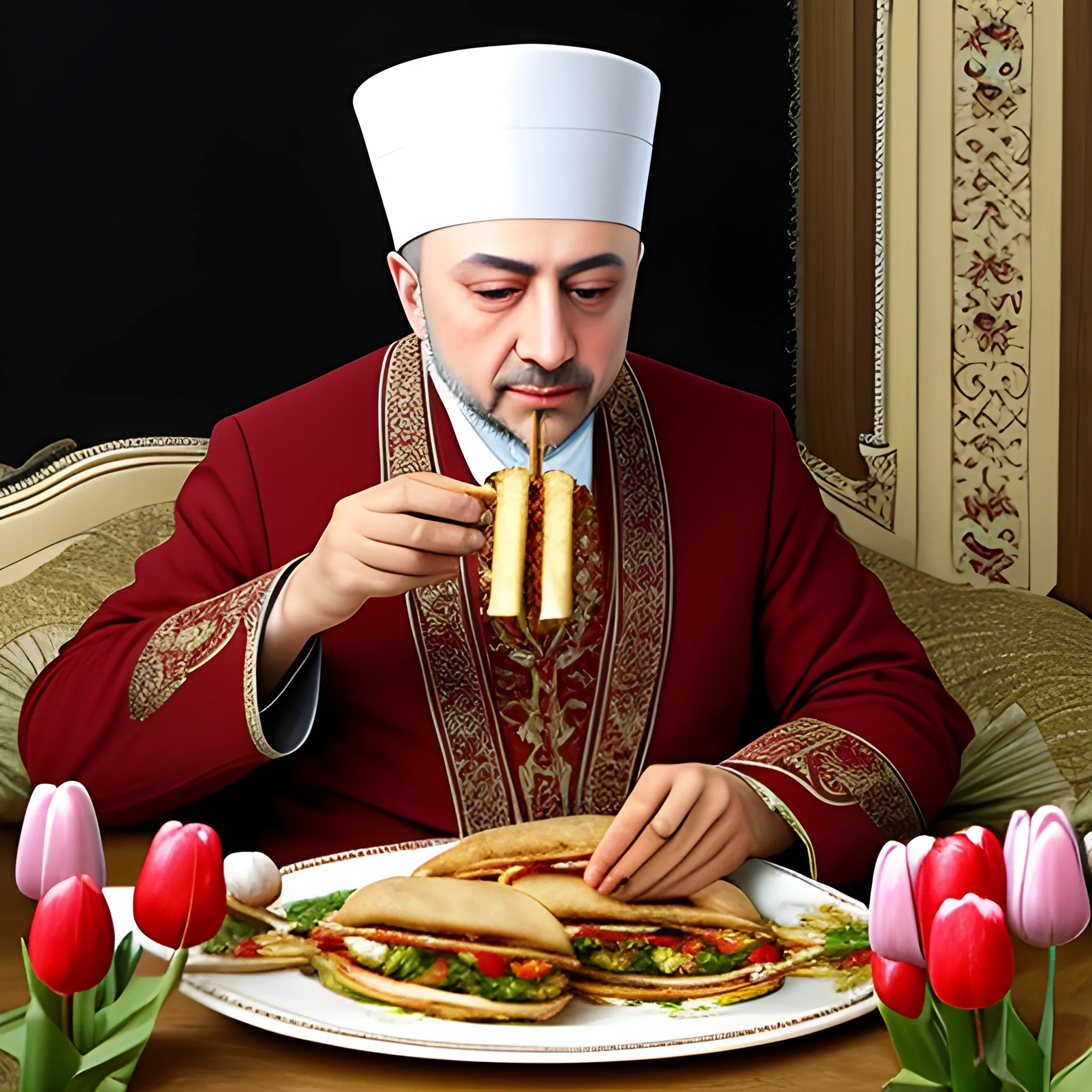 an ottoman sultan eating a kebab sandwich in the middle of the tulip area
