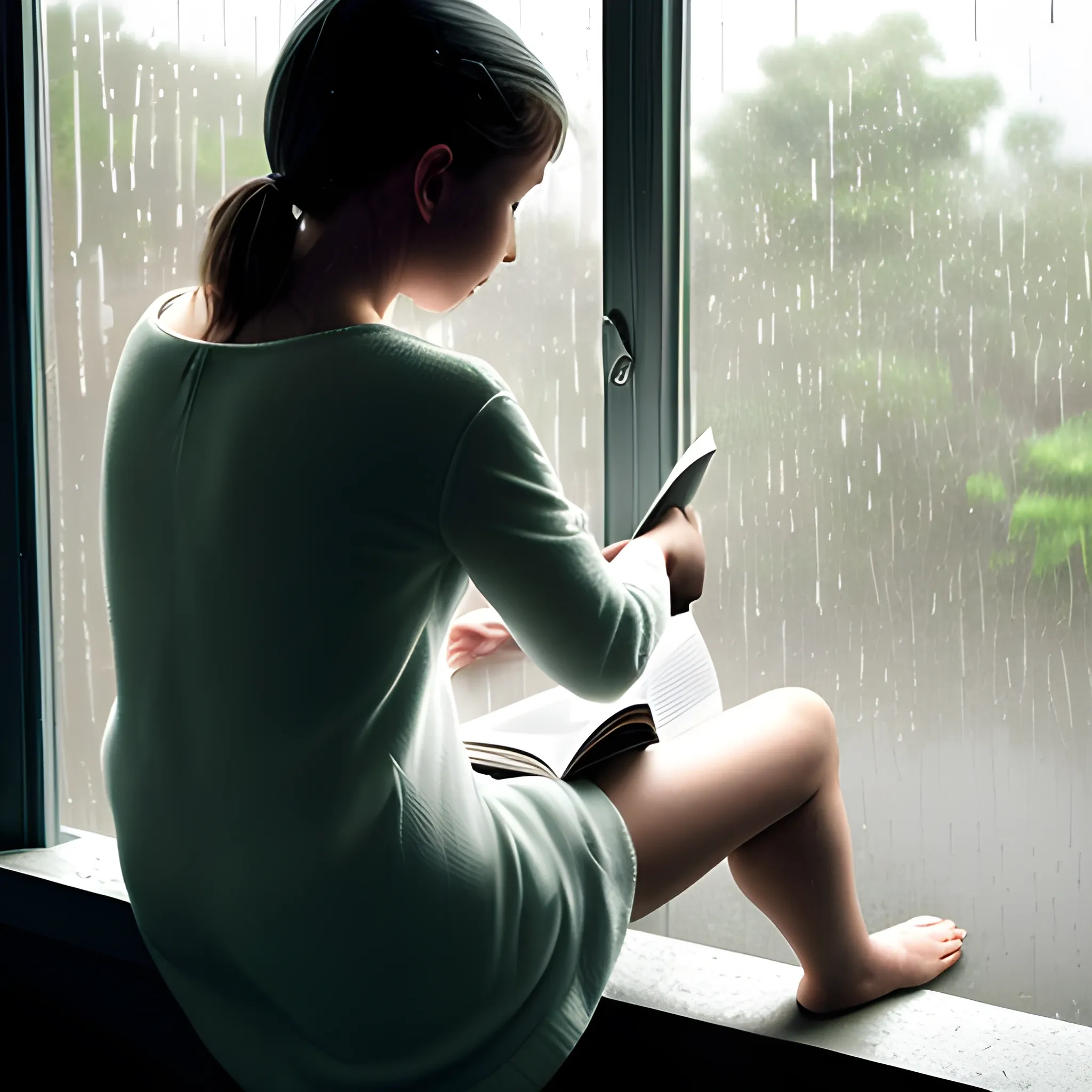 You can see from the window that the weather is rainy, i am reading a book in the inside. you can just see a person from behind
