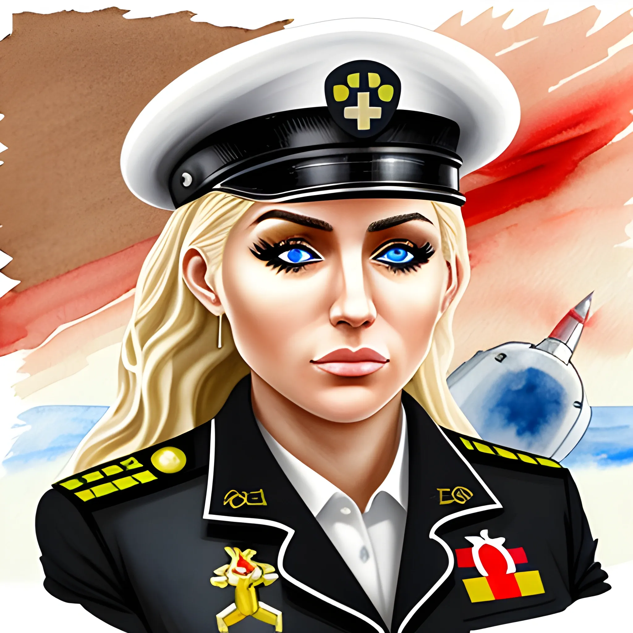  3D, blond bulgarian military nurse, military, navy ship, rocket, Water Color, black eyes