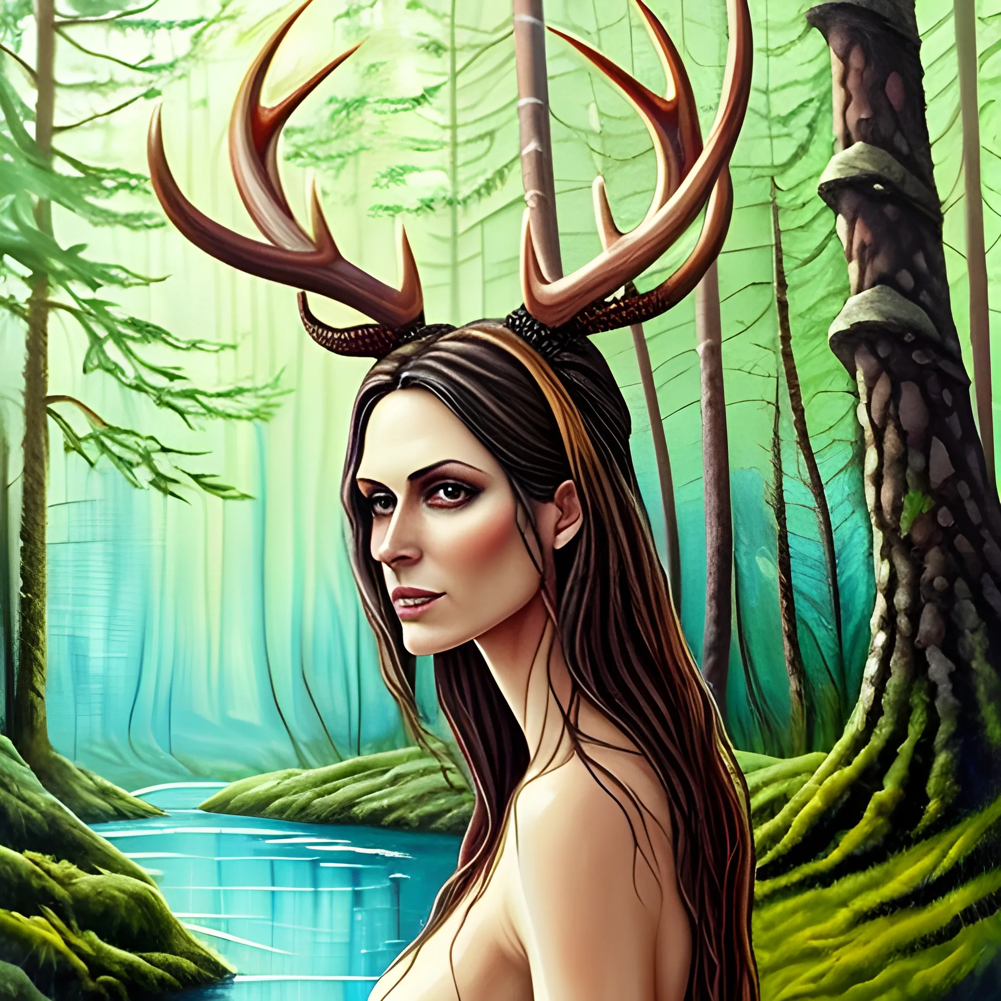 Antler girl in the forest, Oil Painting, Water Color