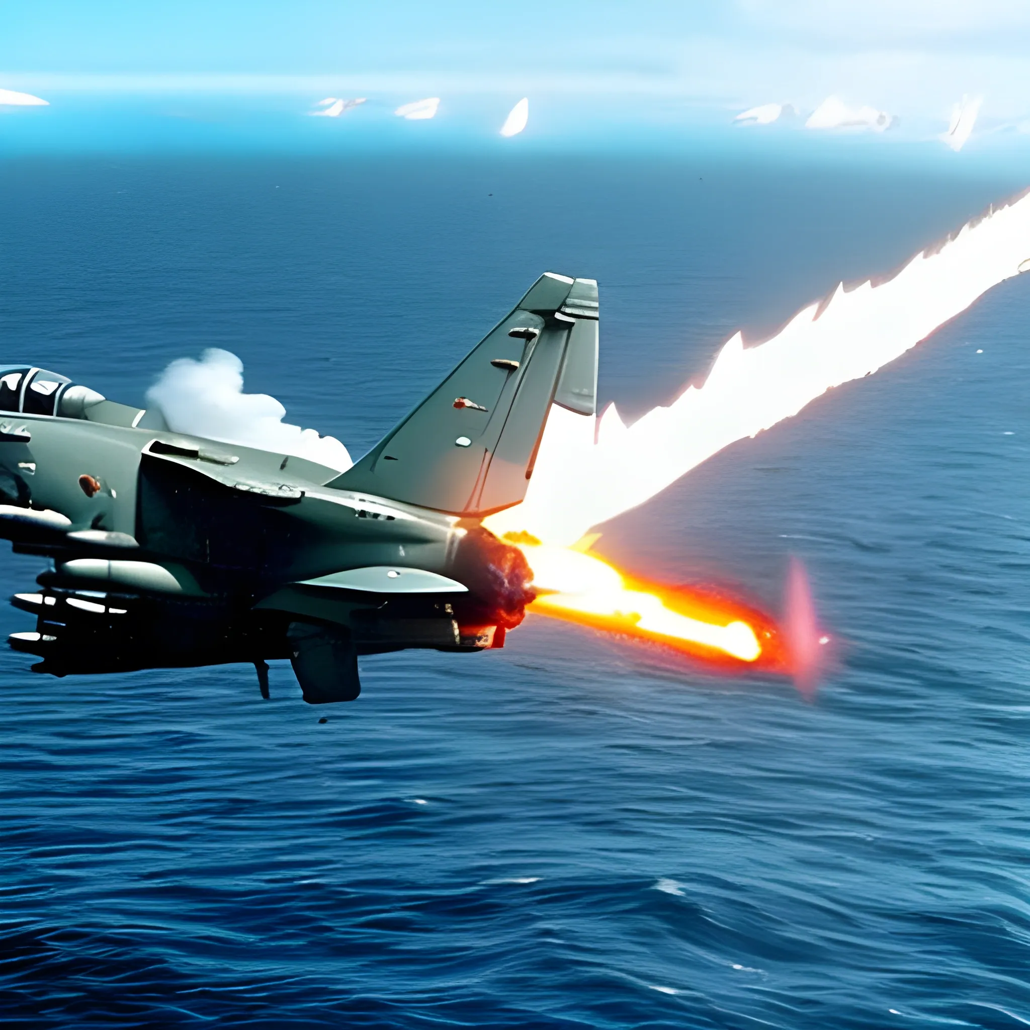 Avión super etendard argentino atacando a Destructor HMS en las Islas Malvinas. Detallado. Iluminación por fuego. Imagen cinematográfica. Estilo Spielberg.