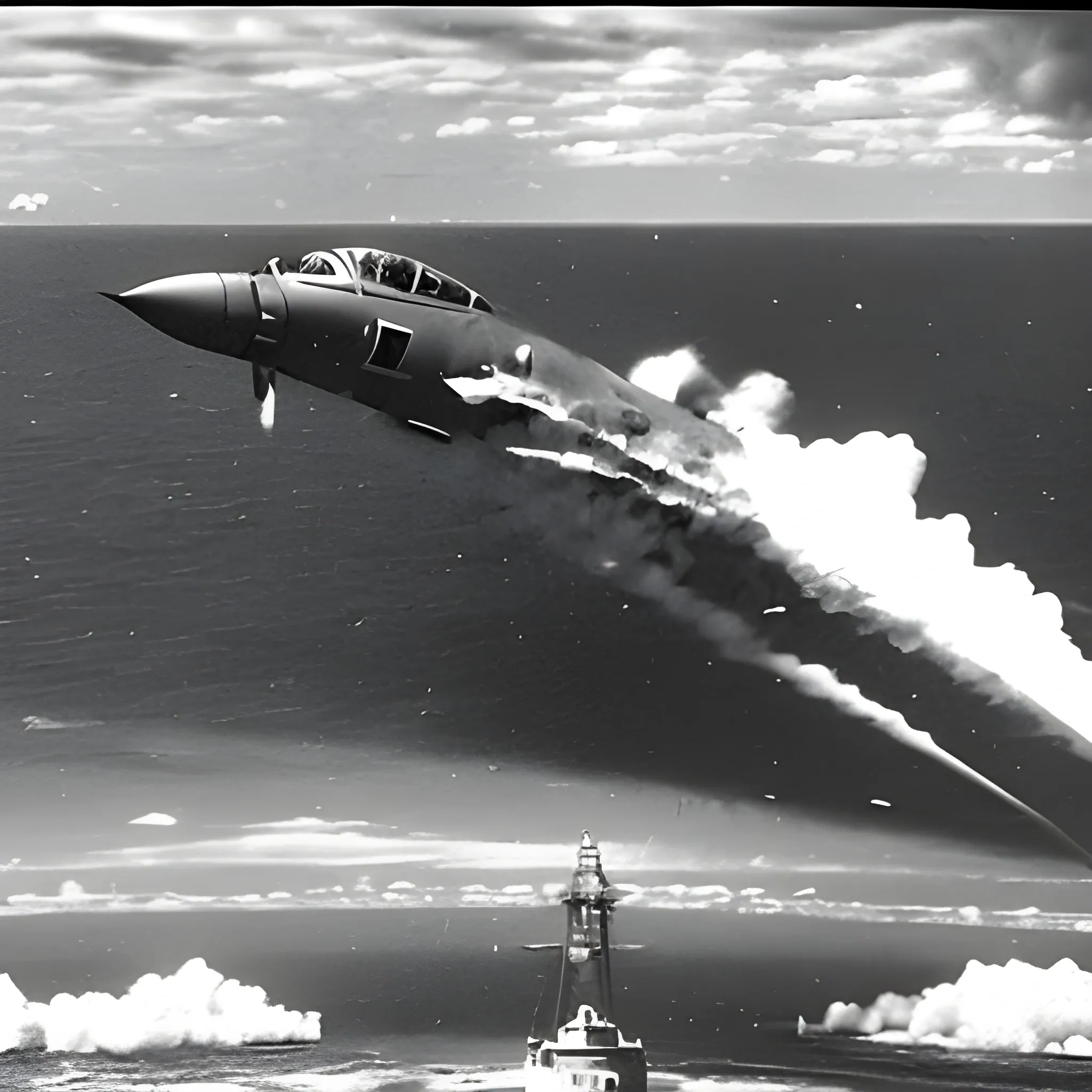 Avión super etendard argentino atacando a Destructor HMS en las Islas Malvinas. Detallado. Iluminación por fuego. Imagen cinematográfica. Estilo Scorcese.