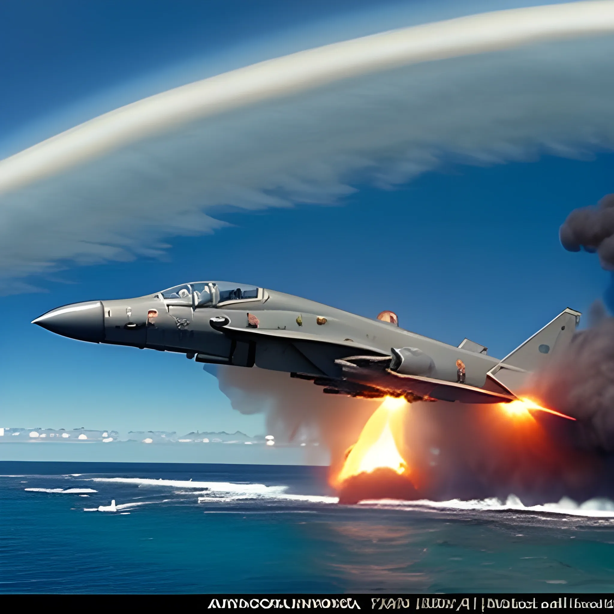 Avión super etendard argentino atacando a Destructor HMS en las Islas Malvinas. Detallado. Foto realista. Iluminación por fuego. Imagen cinematográfica. Alta definición. Estilo Scorcese.