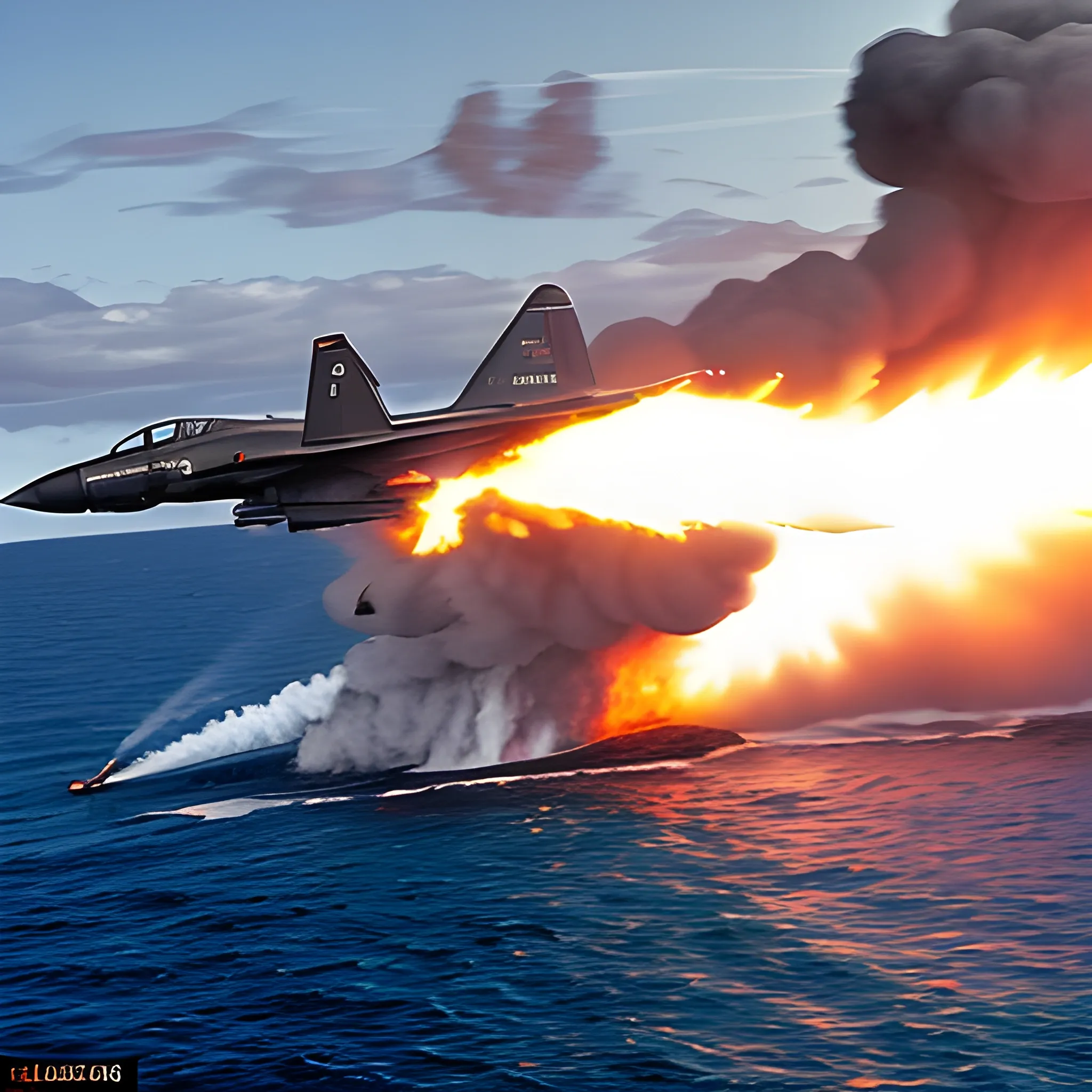 Avión super etendard argentino atacando a Destructor HMS en las Islas Malvinas. Detallado. Foto realista. Iluminación por fuego. Imagen cinematográfica. Alta definición. Estilo Scorcese.