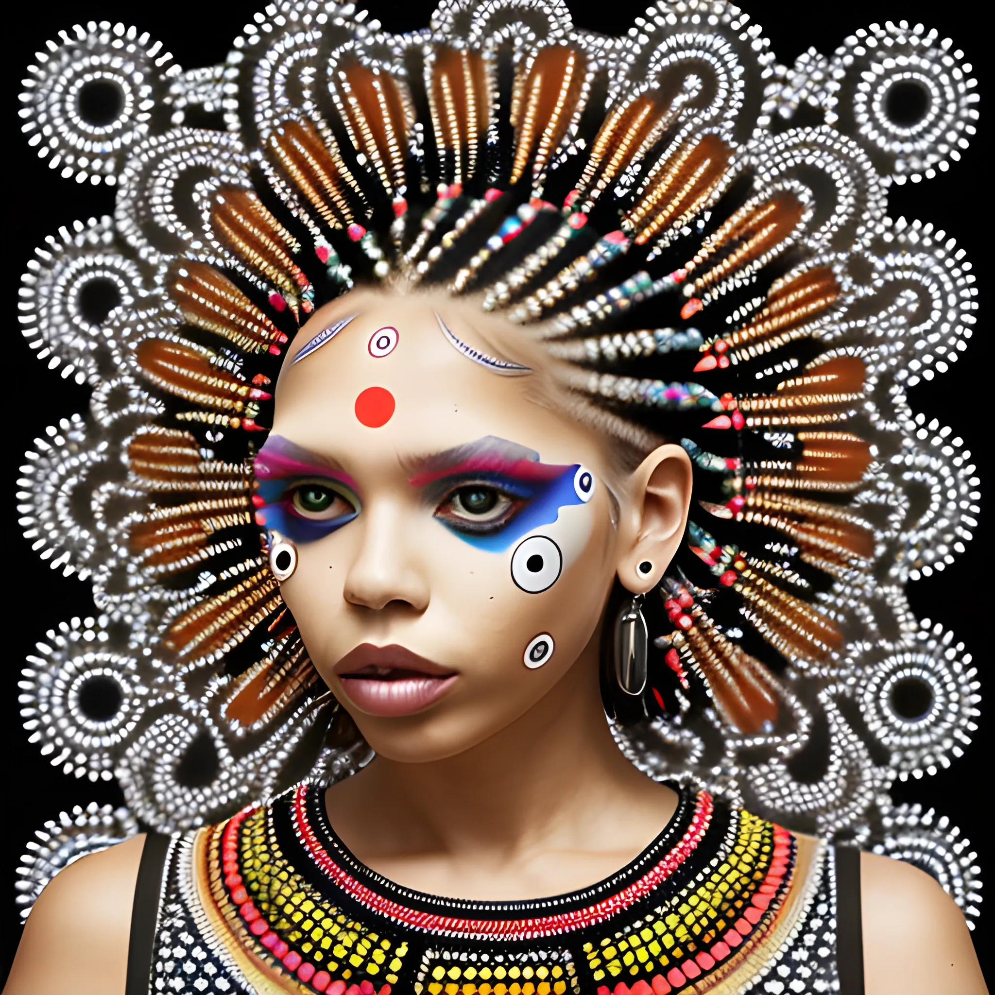 Woman wearing a dress with complex aboriginal dot design， Kaleidoscopic fashion，Salon photo , 3D