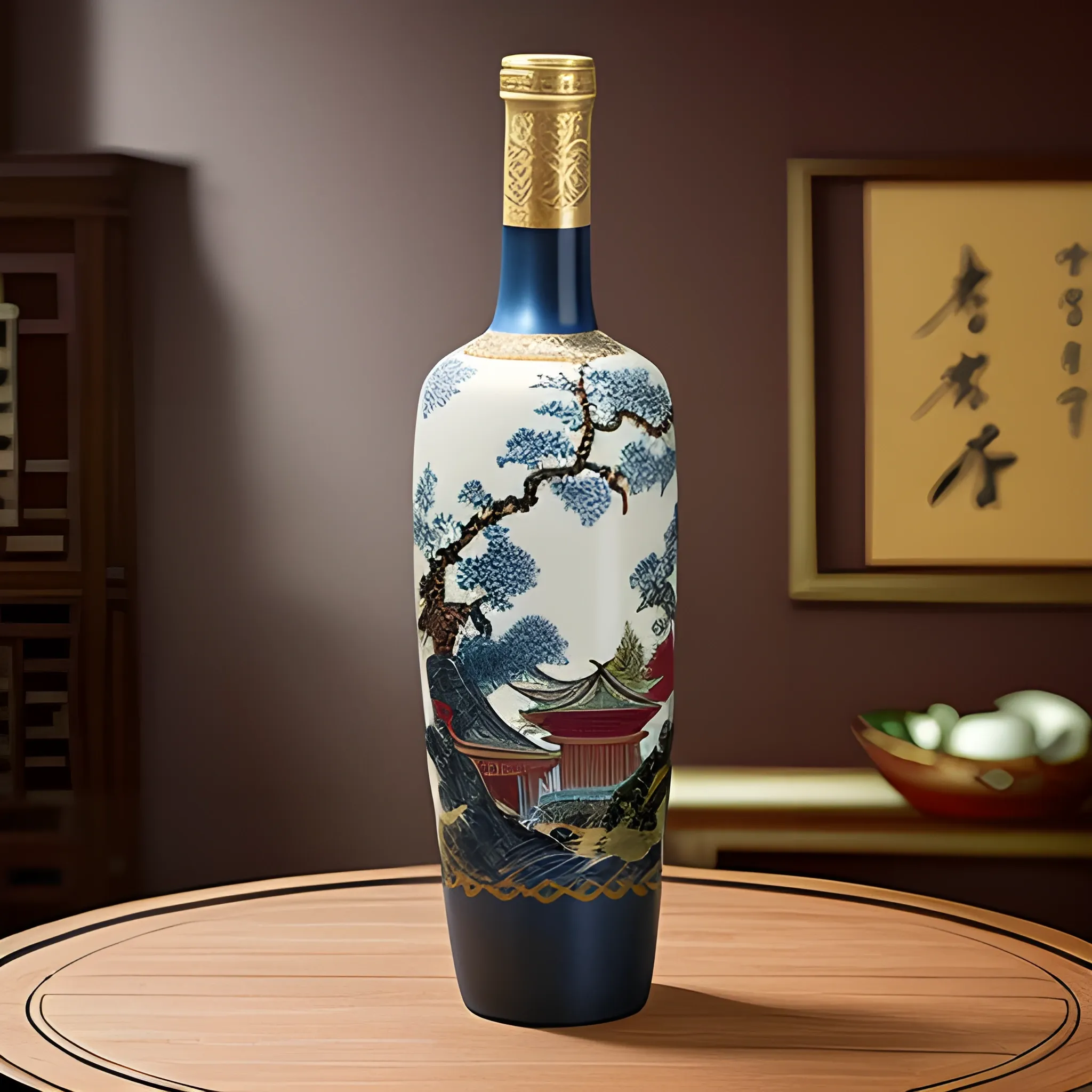 Design a ceramic wine bottle with Chinoiserie style, elegant, antique, cultural atmosphere and ink style landscape design