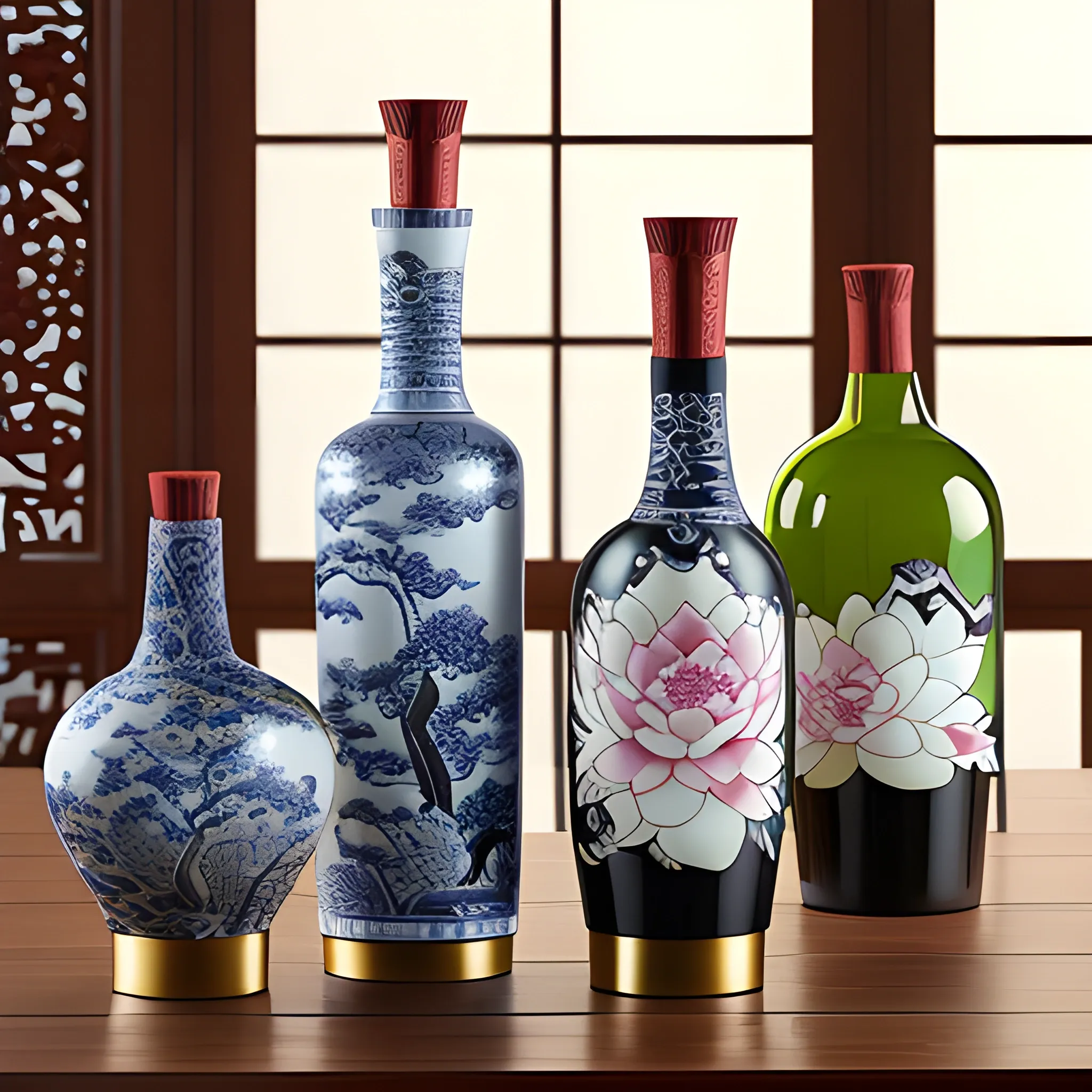 Design a ceramic wine bottle with Chinoiserie style, elegant, antique, cultural atmosphere and lotus design