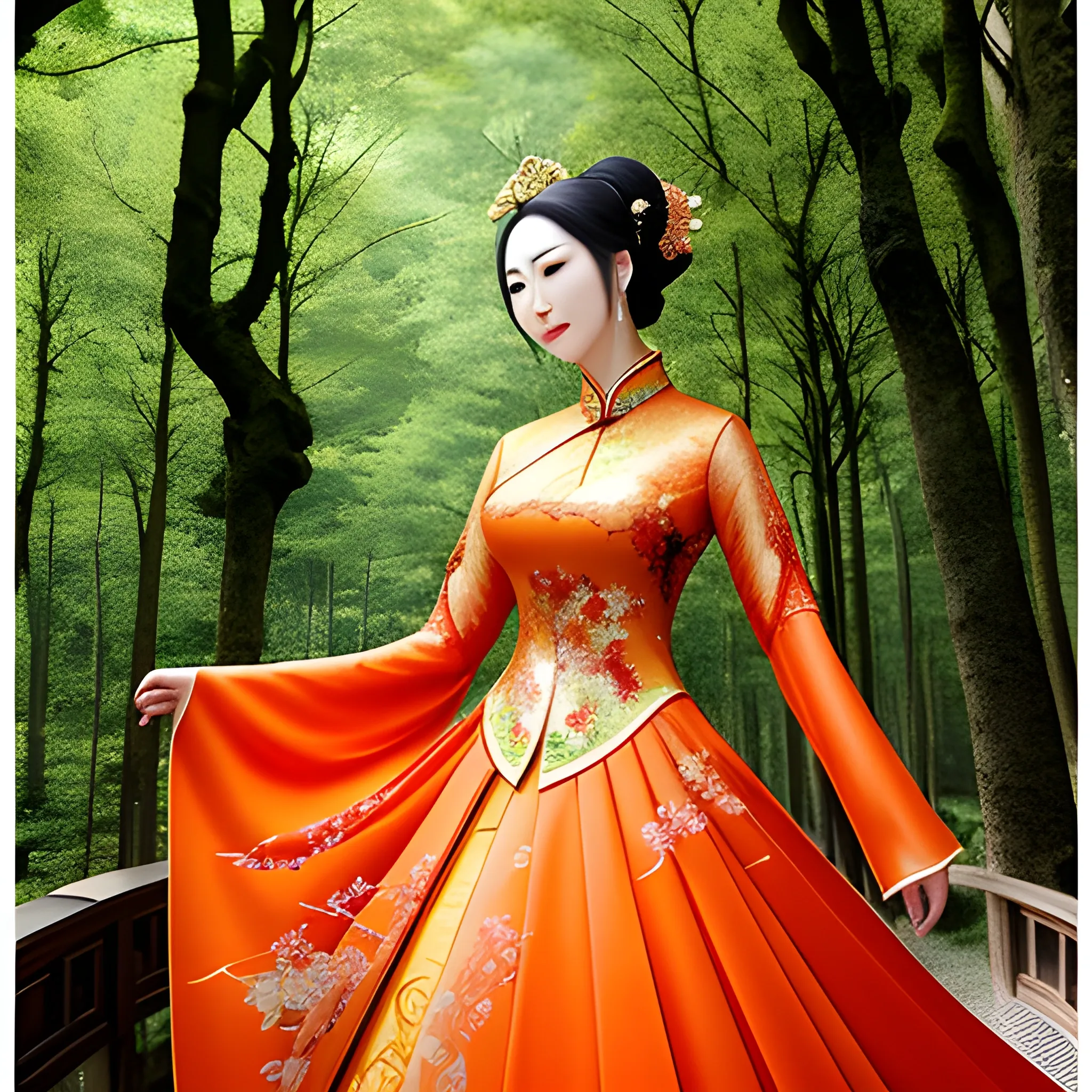 an elegant chinese girl inside the spring forest,delicate face,oval face,Peerless beauty,chinese costume,dynamic pose, tilted composition colorful