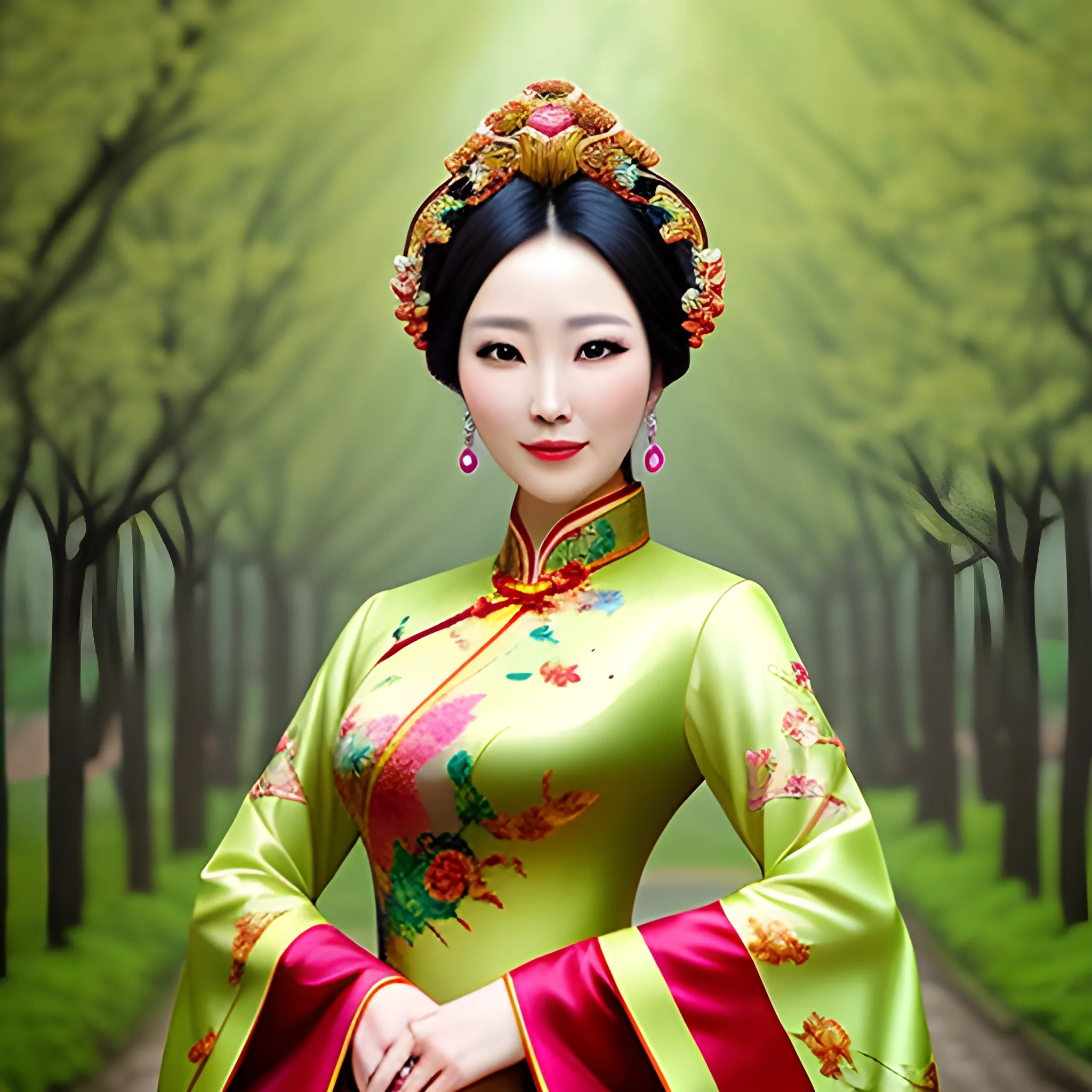 an elegant chinese girl inside the spring forest,delicate face,oval face,Peerless beauty,chinese costume,dynamic pose, tilted composition colorful