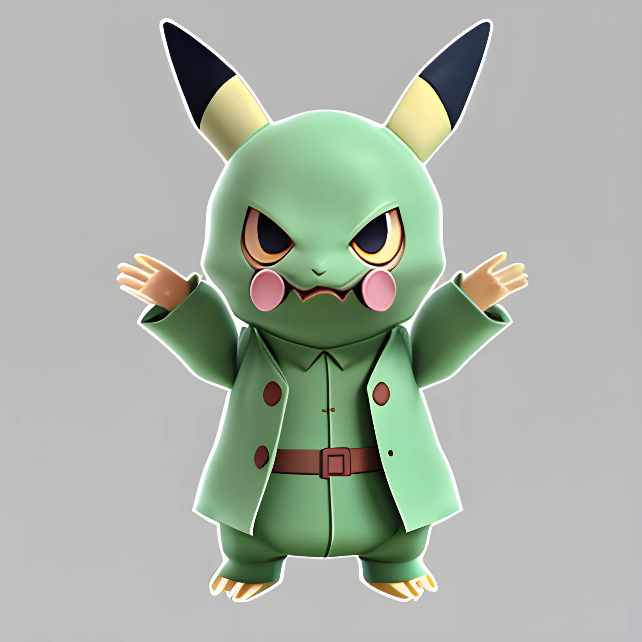 cute creature illustration, trenchcoat pokemon-like, ghibli style, 3d model clay figure, water color style, cutout png white background 