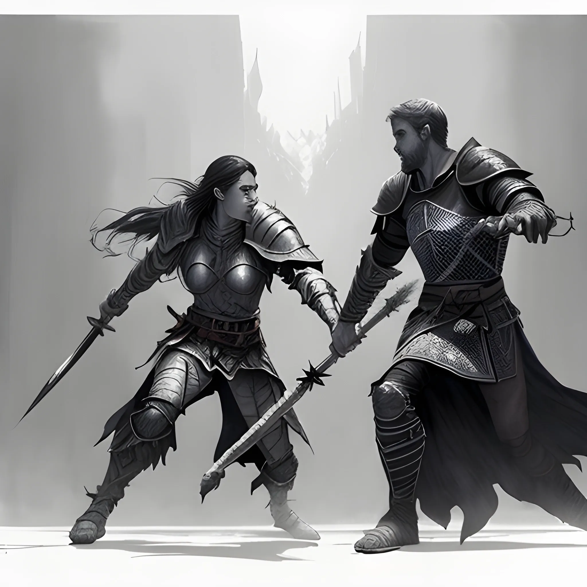 mage and warrior together, mage and warrior are fighting against a monster, mage and warrior, mage and knight, wizard and mage | | pencil sketch, realistic shaded, fine details, realistic shaded lighting poster by greg rutkowski, magali villeneuve, artgerm, jeremy lipkin and michael garmash and rob rey