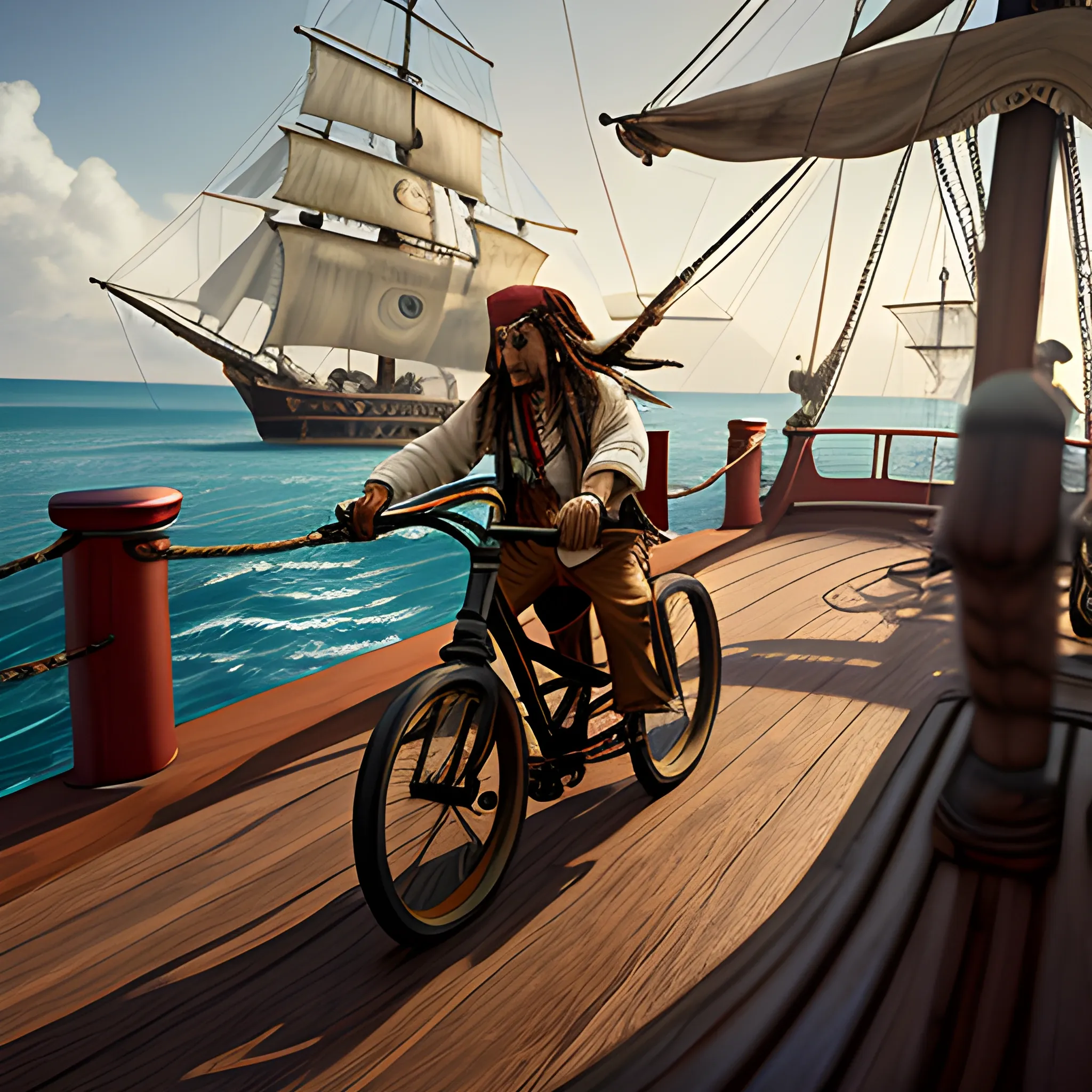 Jack Sparrow riding his Santa Cruz brand skateboard, on the Black Pearl ship. High Definition. realistic style. HD. Cinematic lighting. disney style