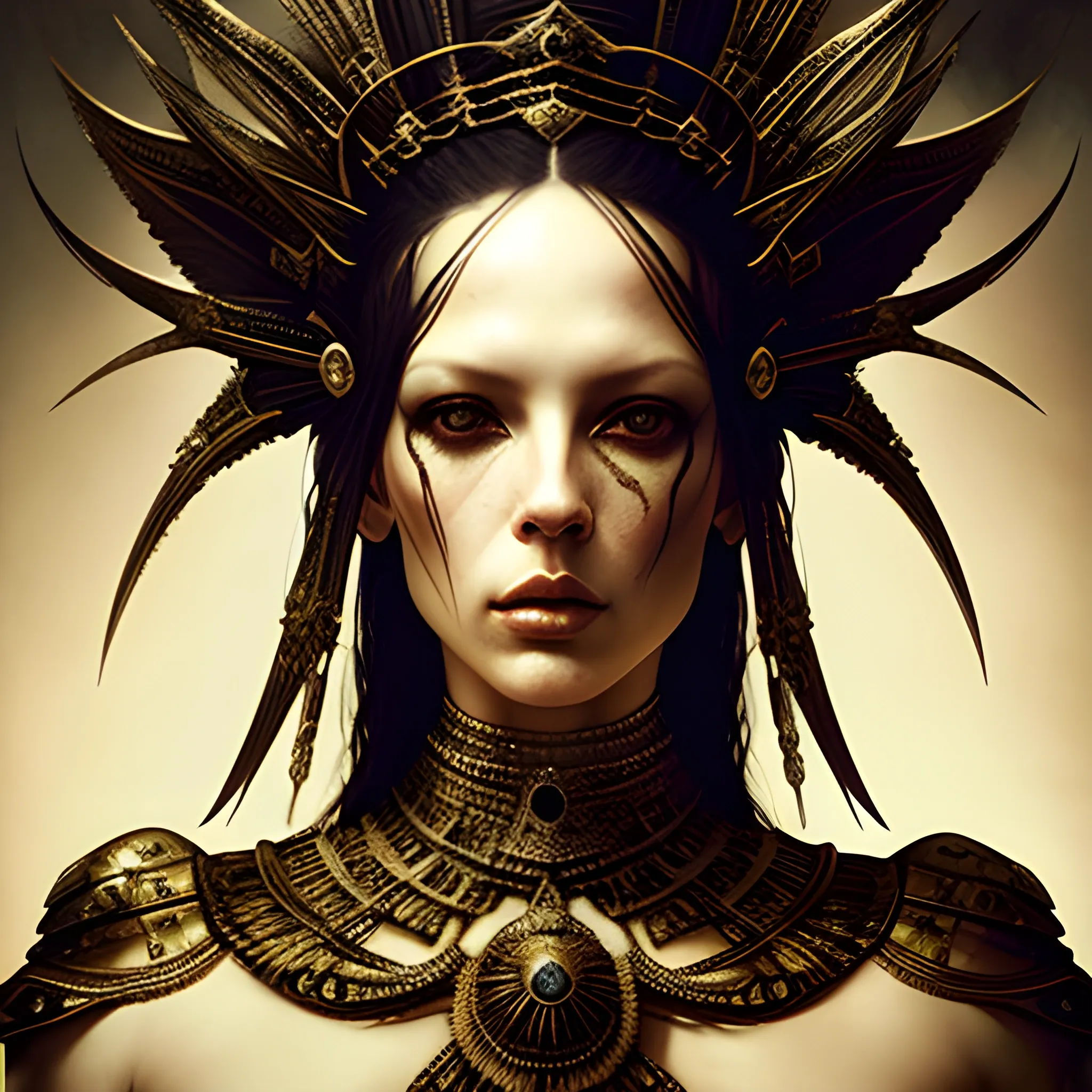 alexander mcqueen, beautiful woman posing, warrior, karol bak, marcantonio franceschini, grainy texture, spotlight, raphaelite, dark atmosphere