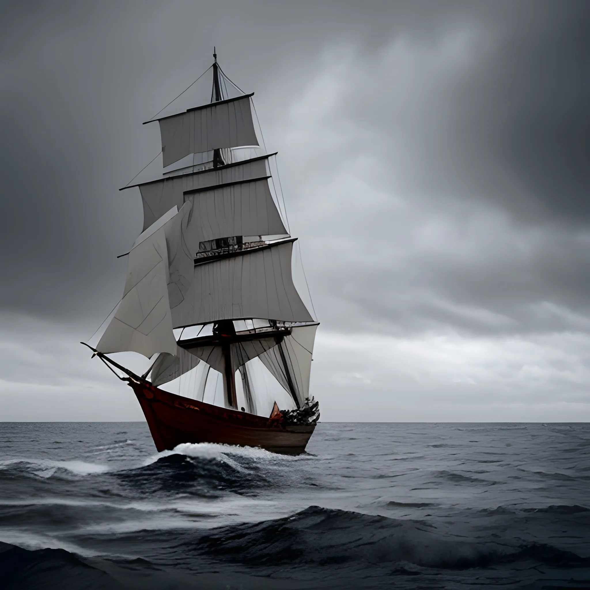 a wooden ship sailing in the sea under a cloudy sky