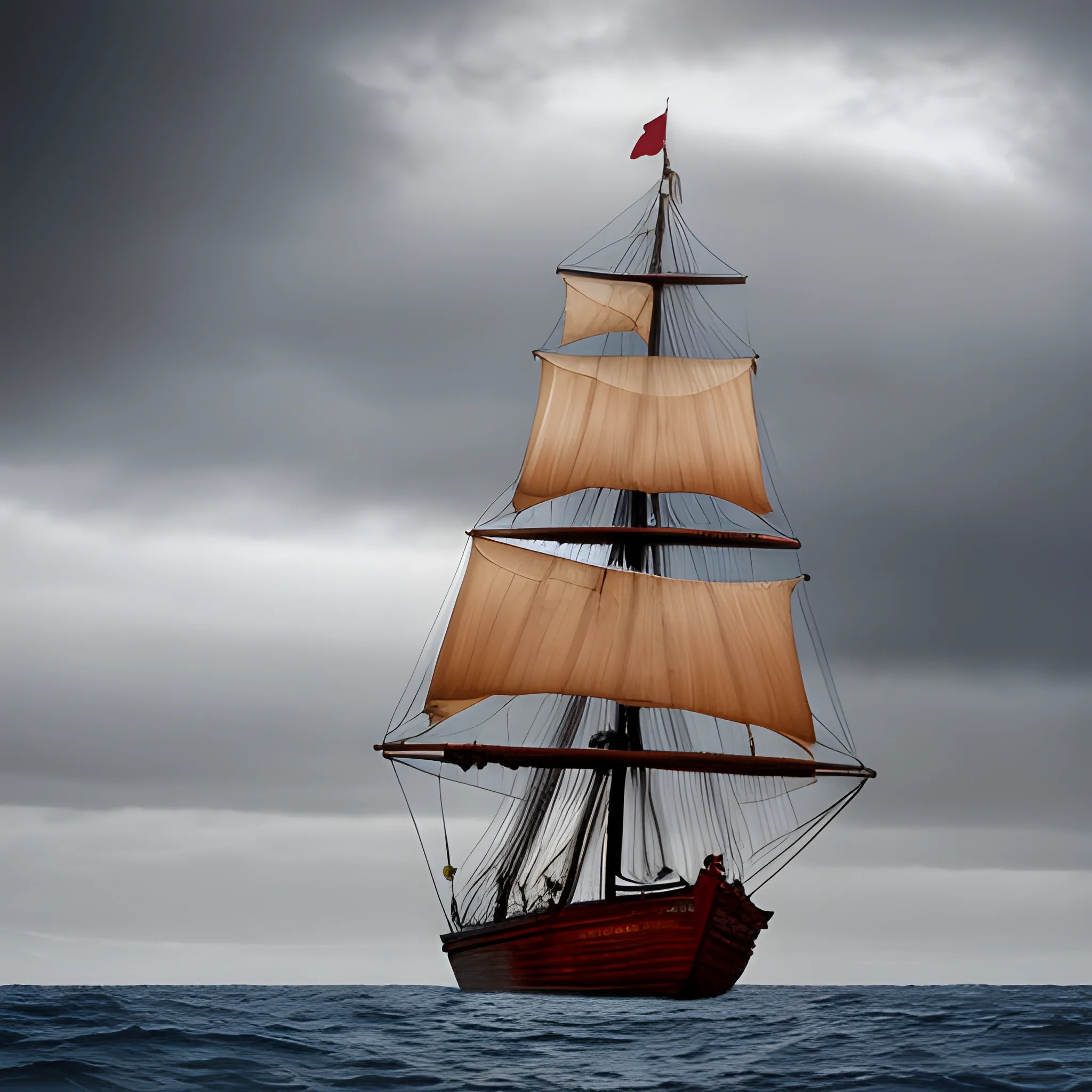 a wooden ship sailing in the sea under a cloudy sky