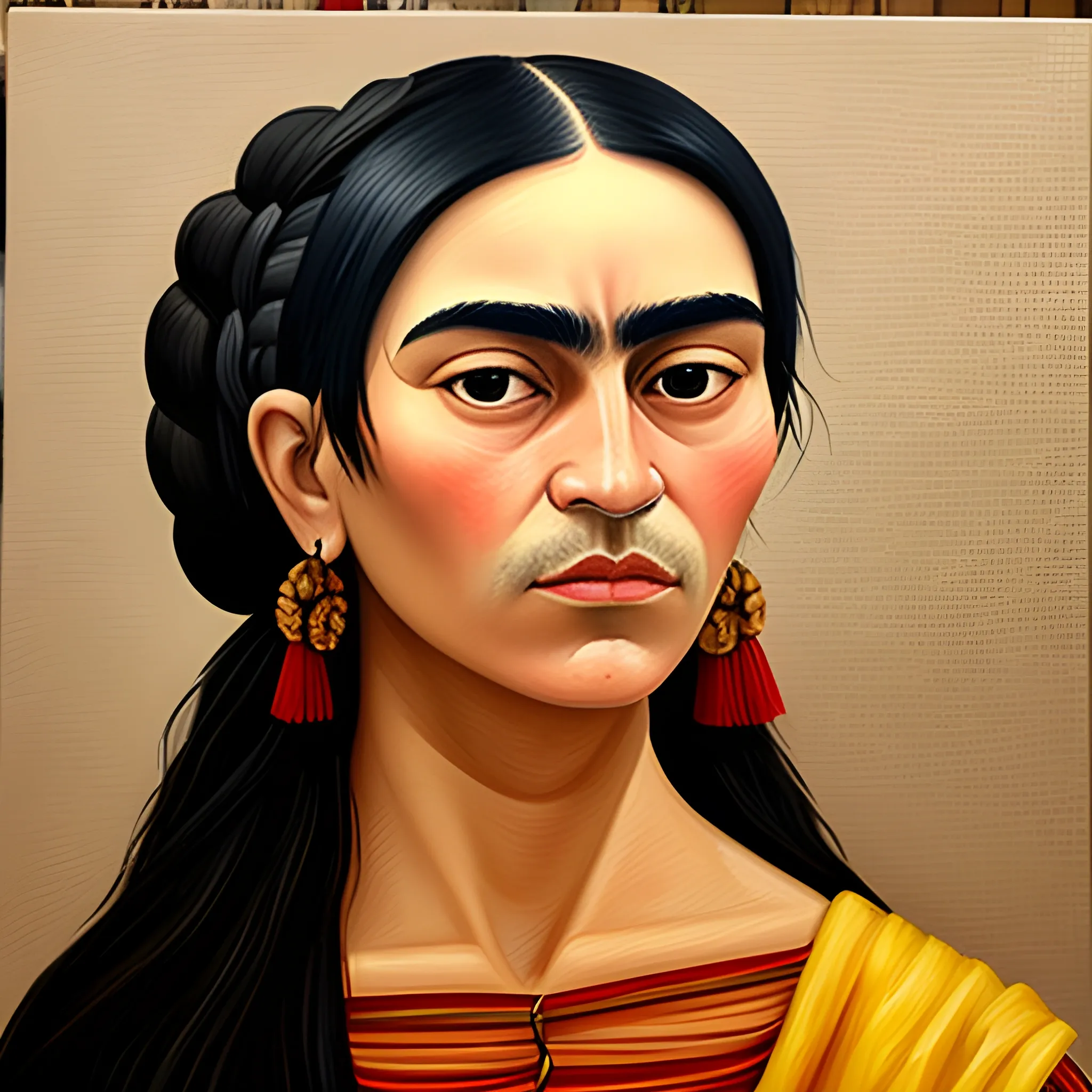  Oil painting of the face of a rural woman with long black hair in the style of Frida's paintings